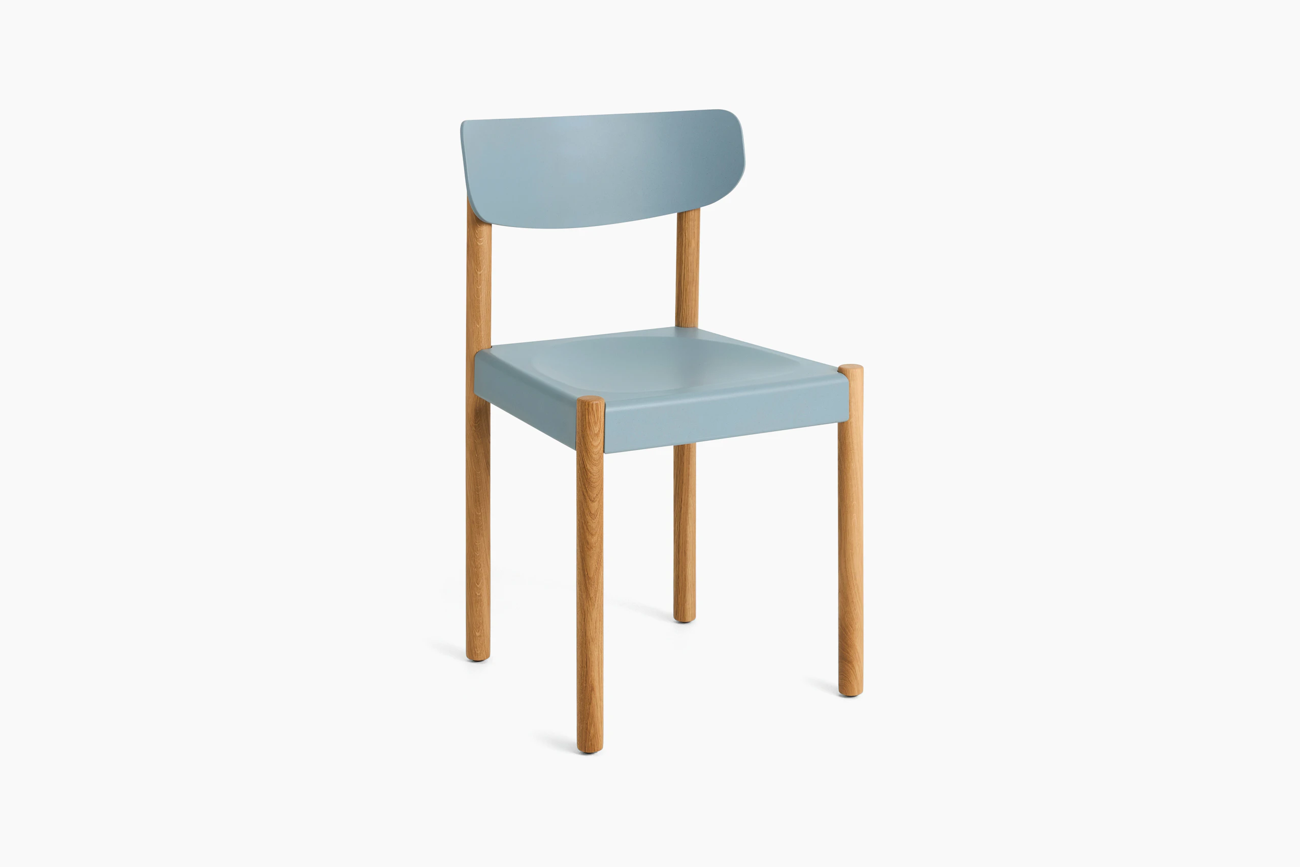 Pack Side Chair with grey seat and back on oak legs, angled view