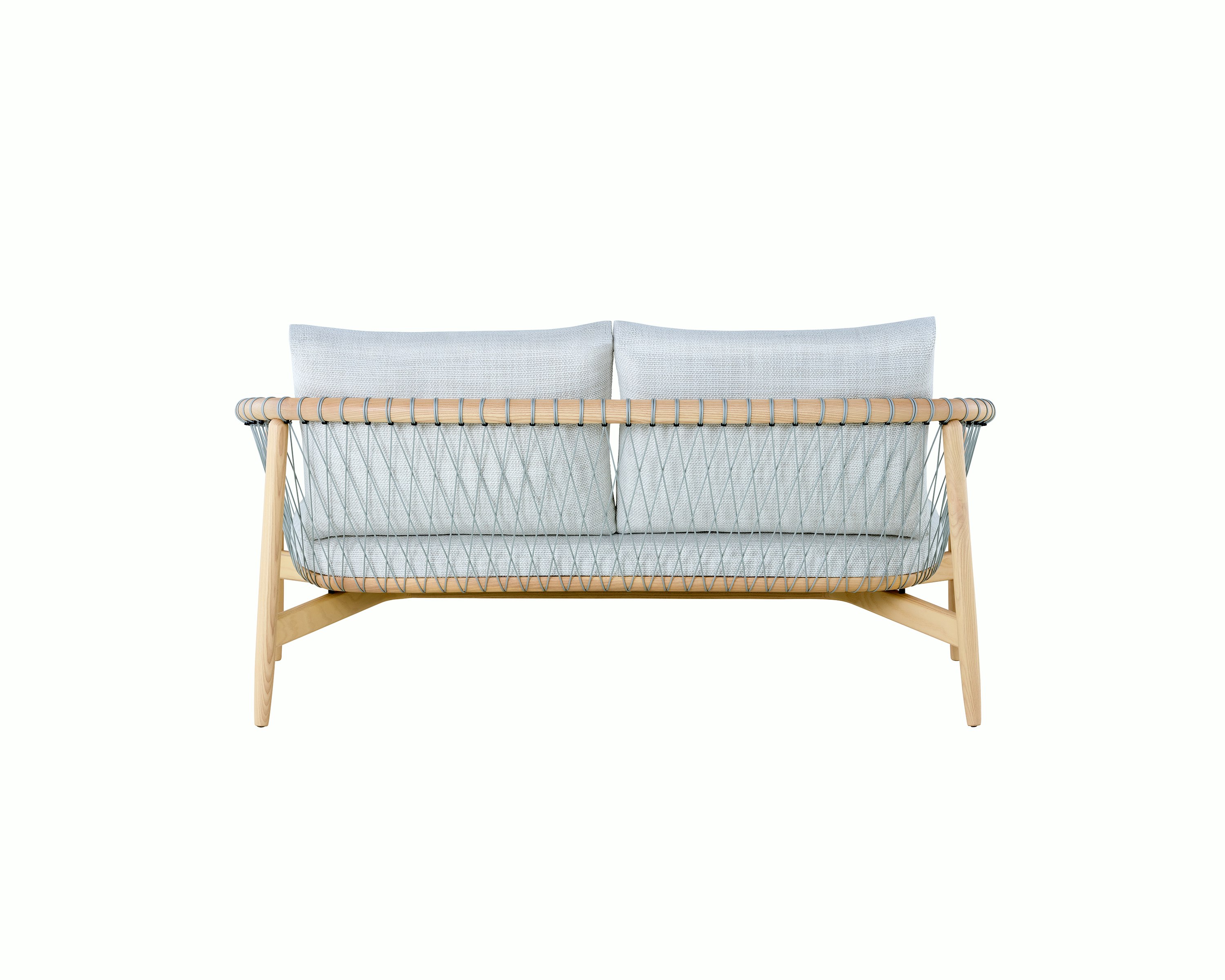 A light-colored Crosshatch Settee featuring gray upholstery and a white ash frame. Viewed from behind.