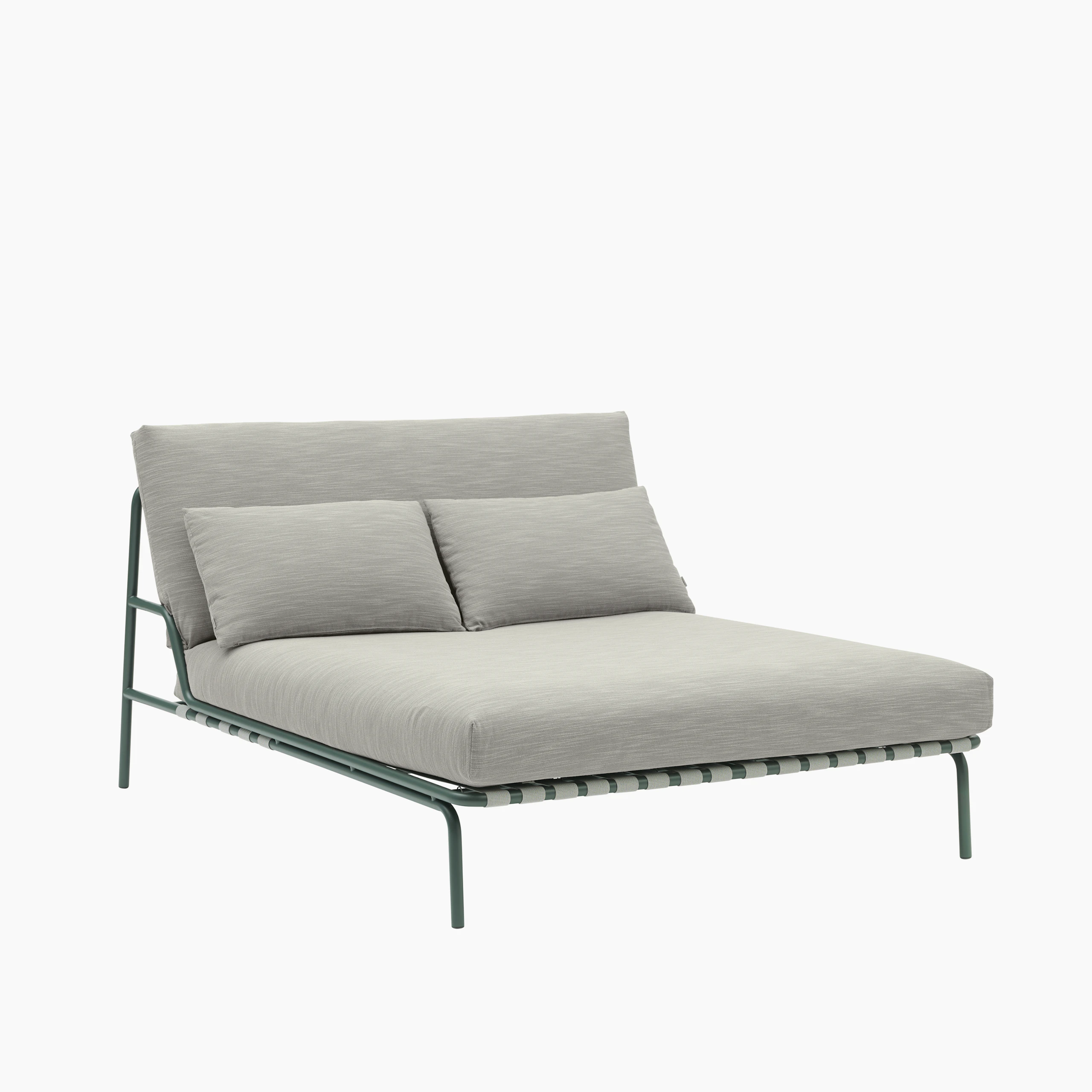 A Settle Lounge Bed in Ribbed Weave 2, Dark Green viewed from an angle.