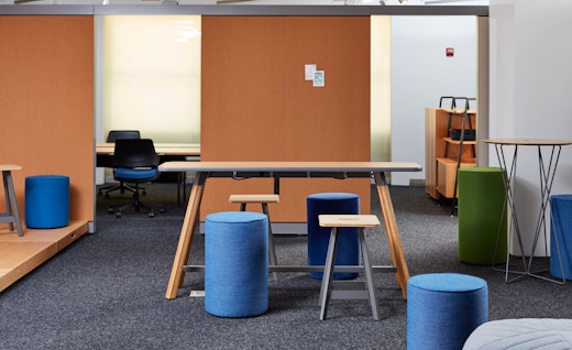 neocon 2018 rockwell unscripted tall tables upholstered seats easy stools shared spaces hospitality at work