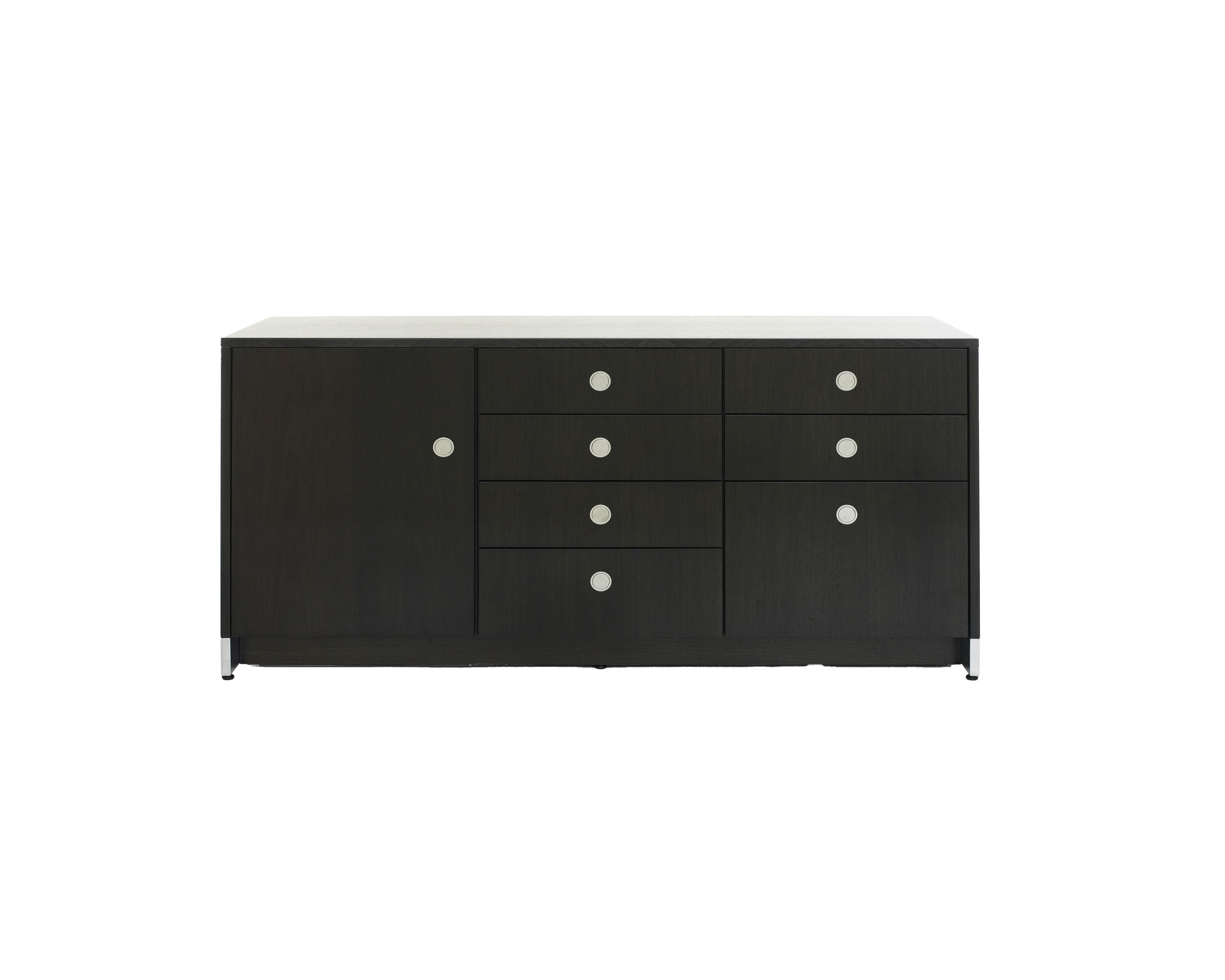 A three-unit Sled Base Storage credenza with a dark wood finish and a combination of hinged doors, box drawers, and file storage.