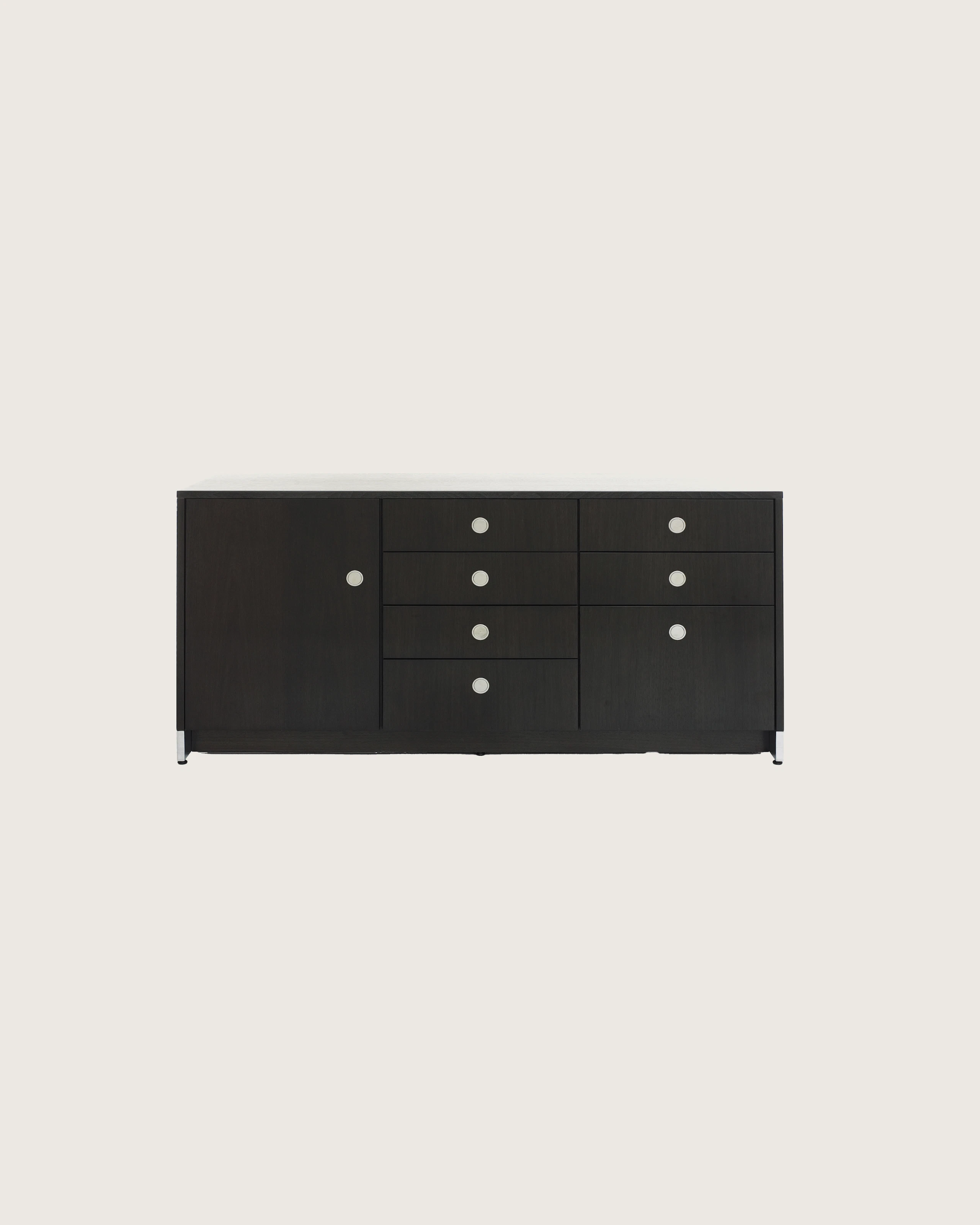 A three-unit Sled Base Storage credenza with a dark wood finish and a combination of hinged doors, box drawers, and file storage.