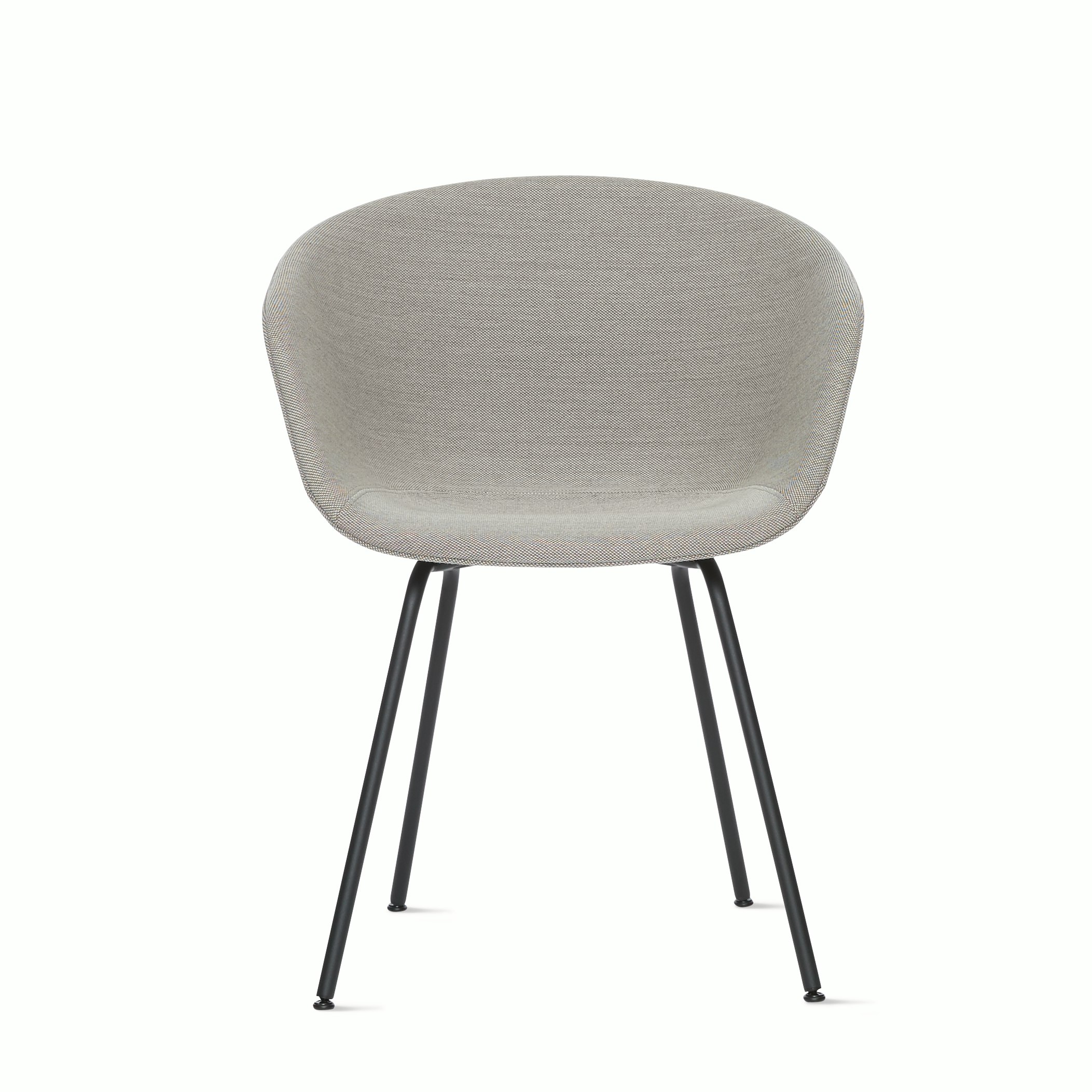 A front view of the AAC 27 About A Chair upholstered armchair with a metal base.