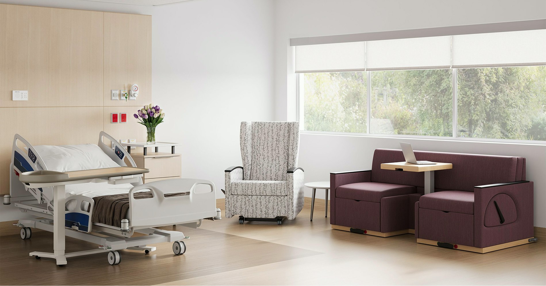 Premium private patient room in hospital with Culla Recliner and Merge II Flop Sofa
