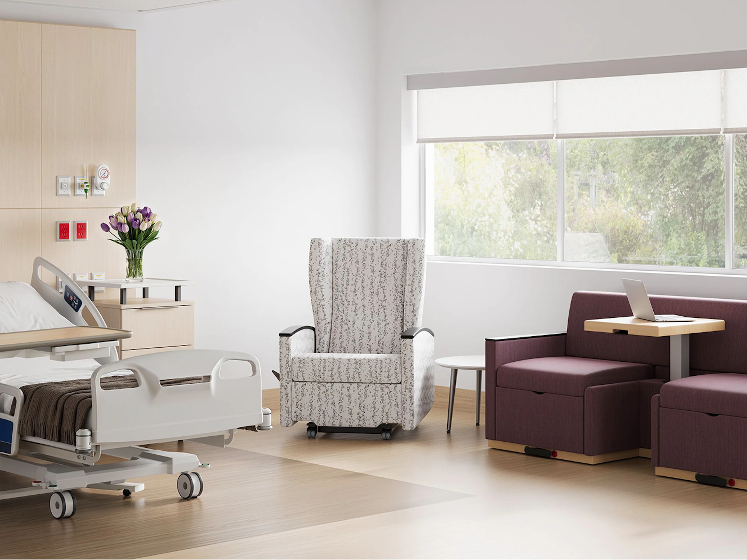 Premium private patient room in hospital with Culla Recliner and Merge II Flop Sofa