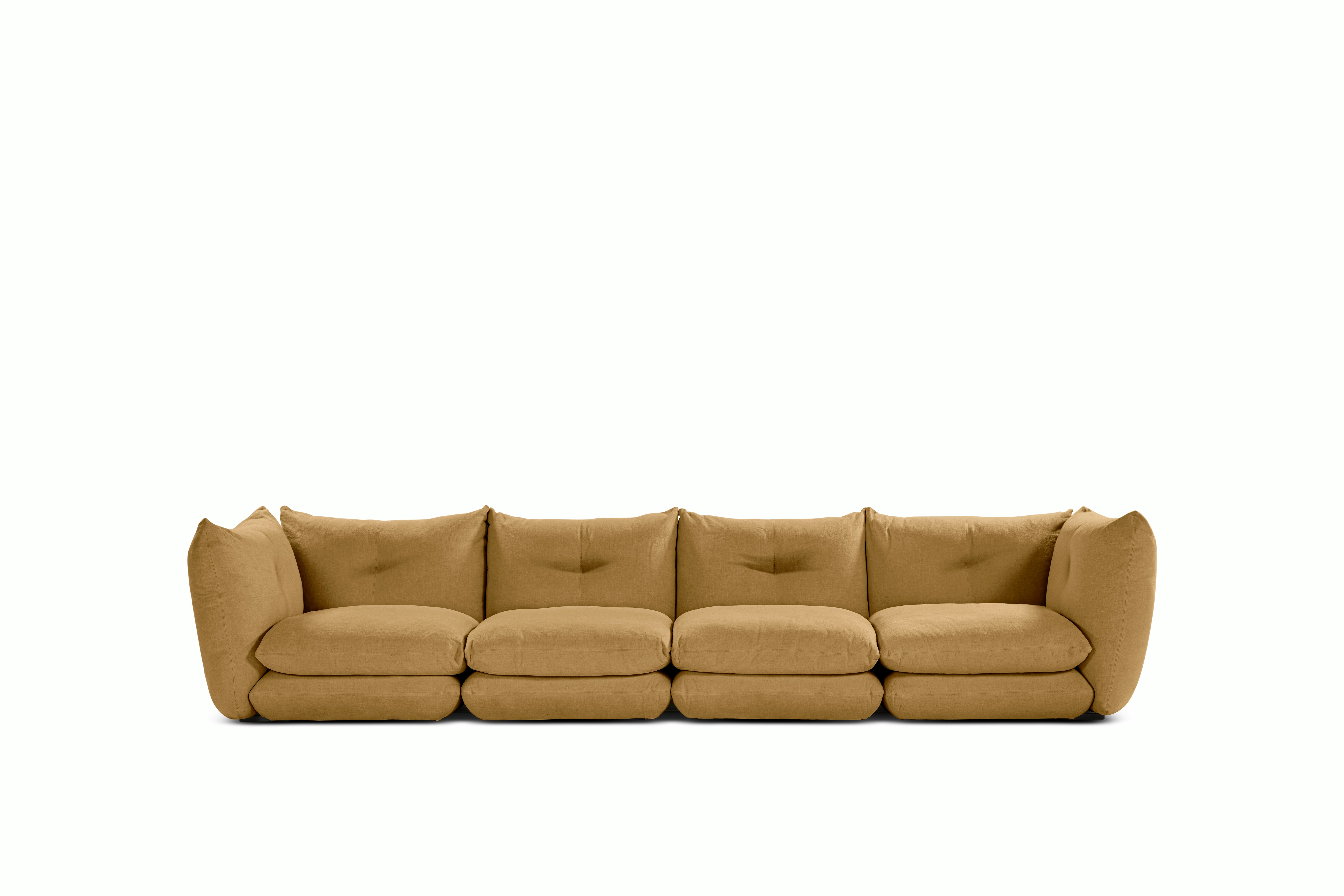 A Perron Pillo Sofa in Brass viewed from the front.
