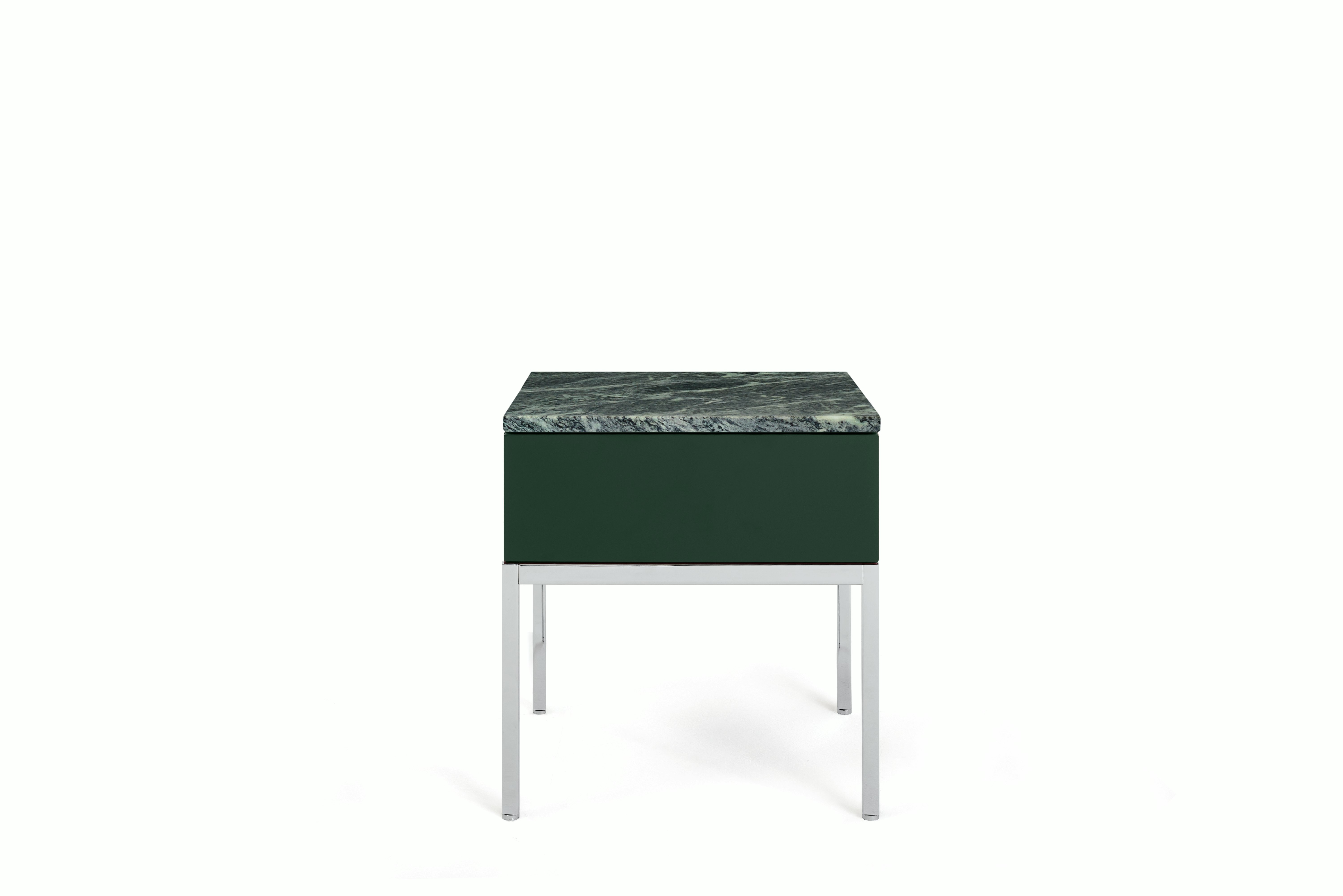 A Knoll Chermayeff Side Table in Dark Python Lacquer, Verdi Alpi Polished Coated Marble viewed from the front.