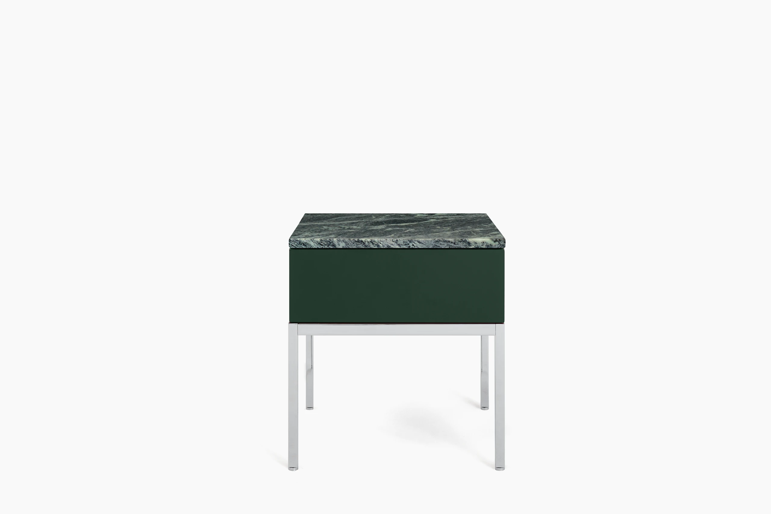 A Knoll Chermayeff Side Table in Dark Python Lacquer, Verdi Alpi Polished Coated Marble viewed from the front.