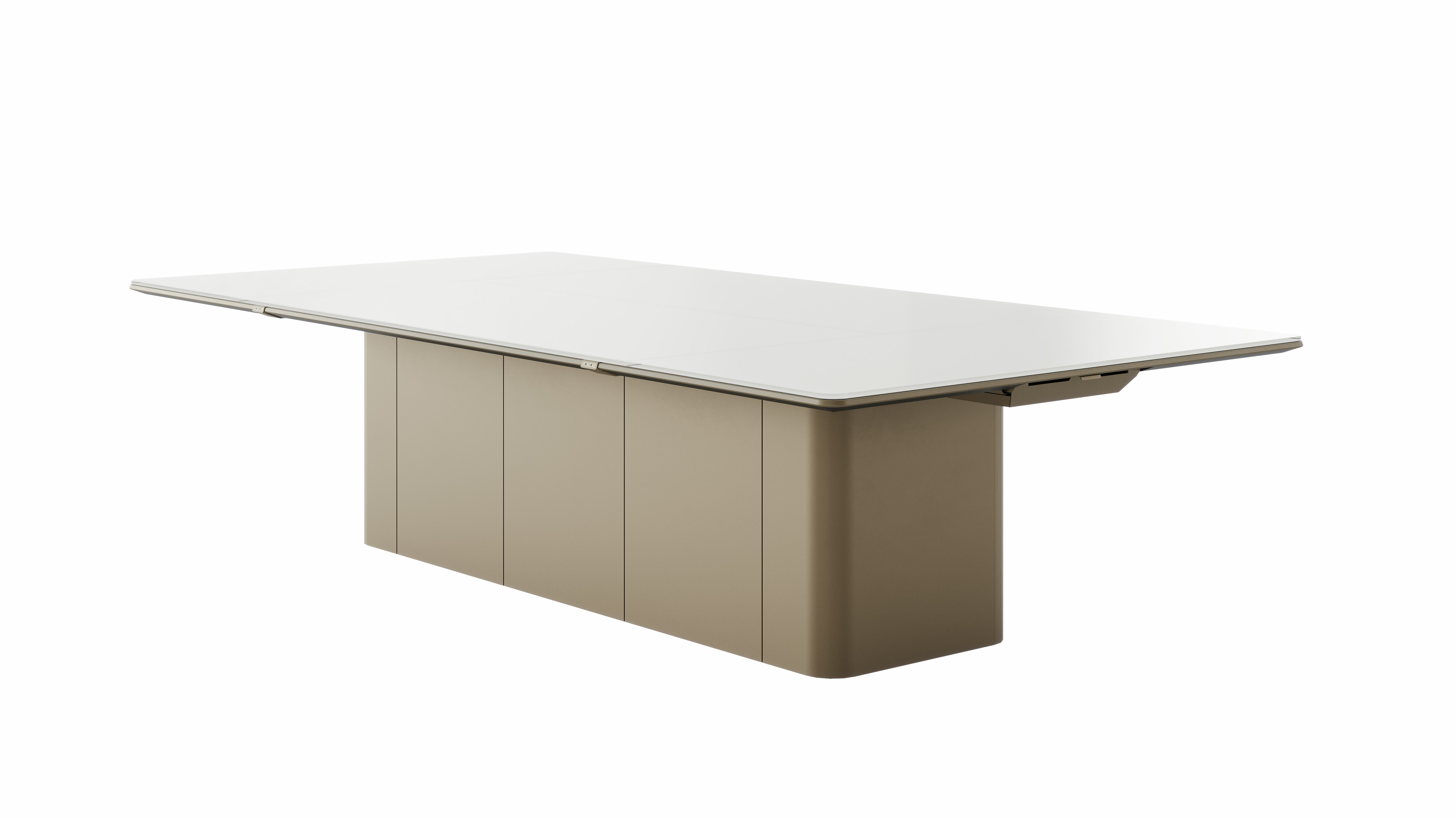 60"x120" Ascent Conference Table designed by EOOS with a clear White back painted glass top and plinth base in Slink Bronze, perieiter power and power drawers, viewed from the front.
