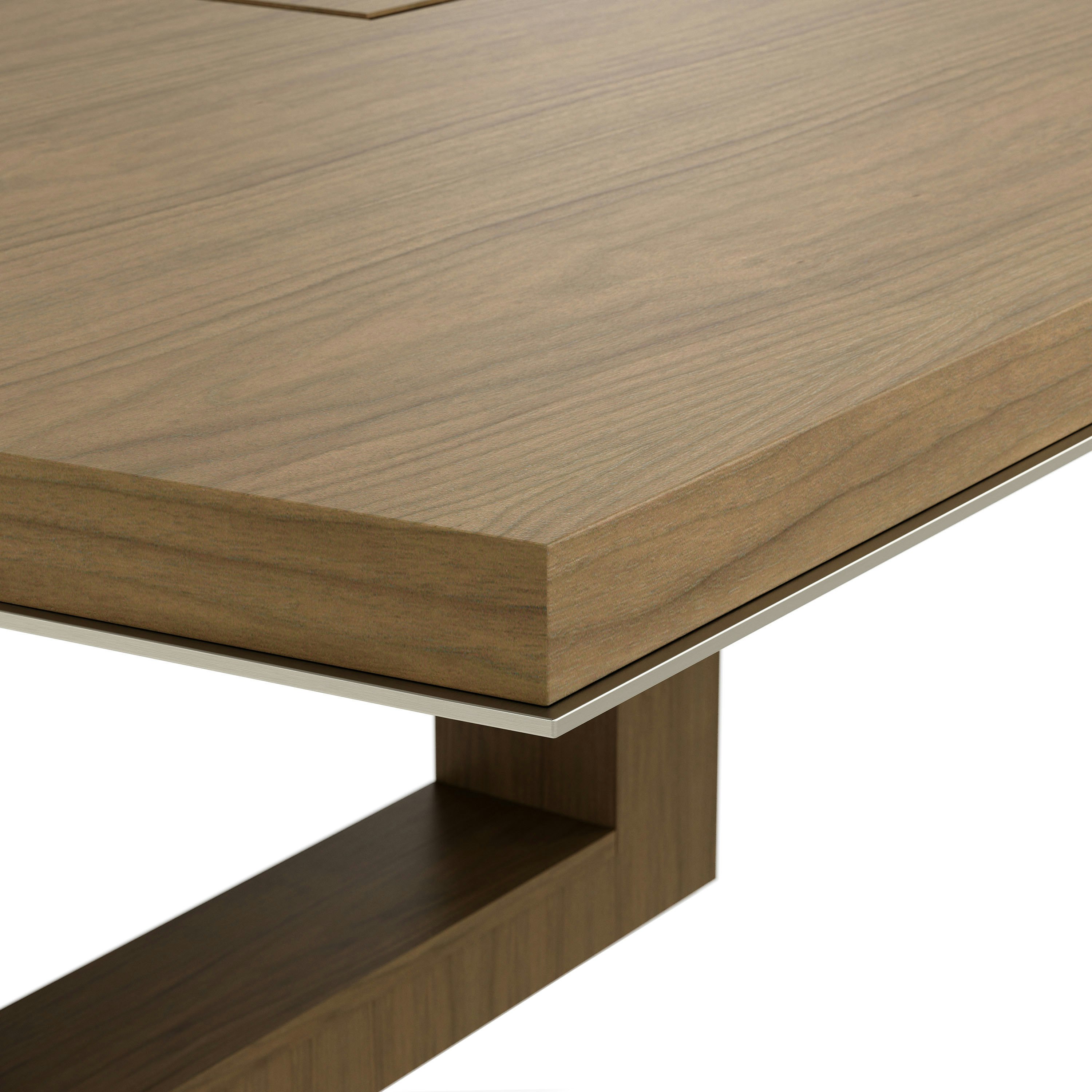 Edge detail shot of a boat-shaped Highline Fifty Conference Table in Natural Flat Cut Walnut with a Satin Nickel edge.