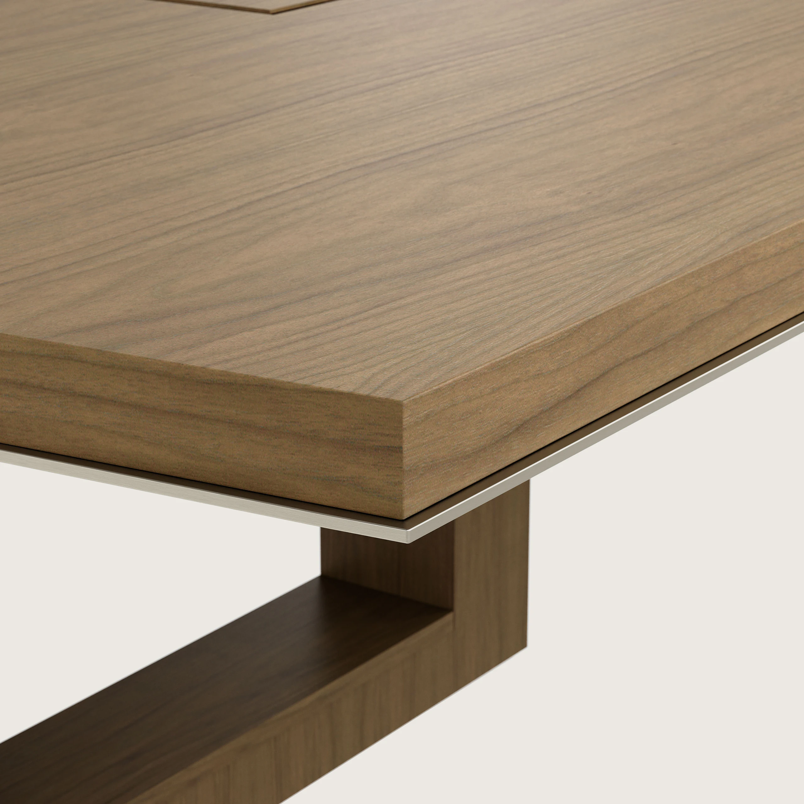 Edge detail shot of a boat-shaped Highline Fifty Conference Table in Natural Flat Cut Walnut with a Satin Nickel edge.