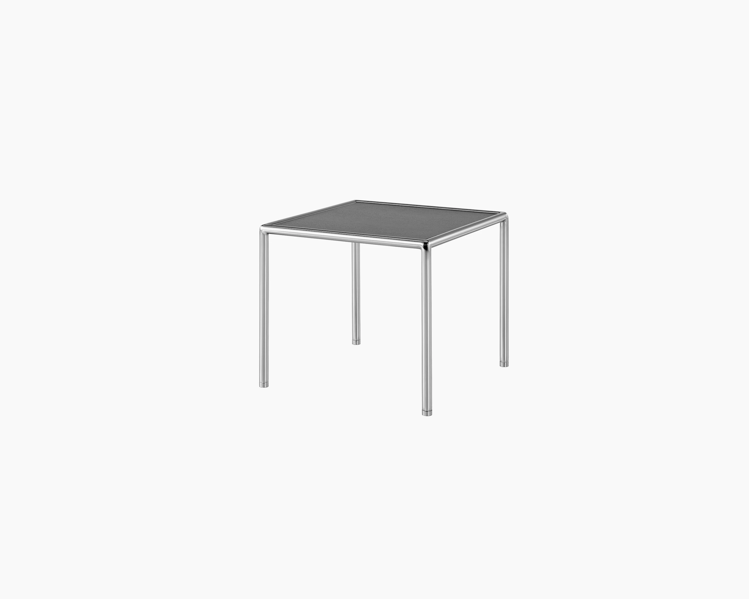 A square Full Round side table with a black wood top and tubular metal frame, viewed at an angle.