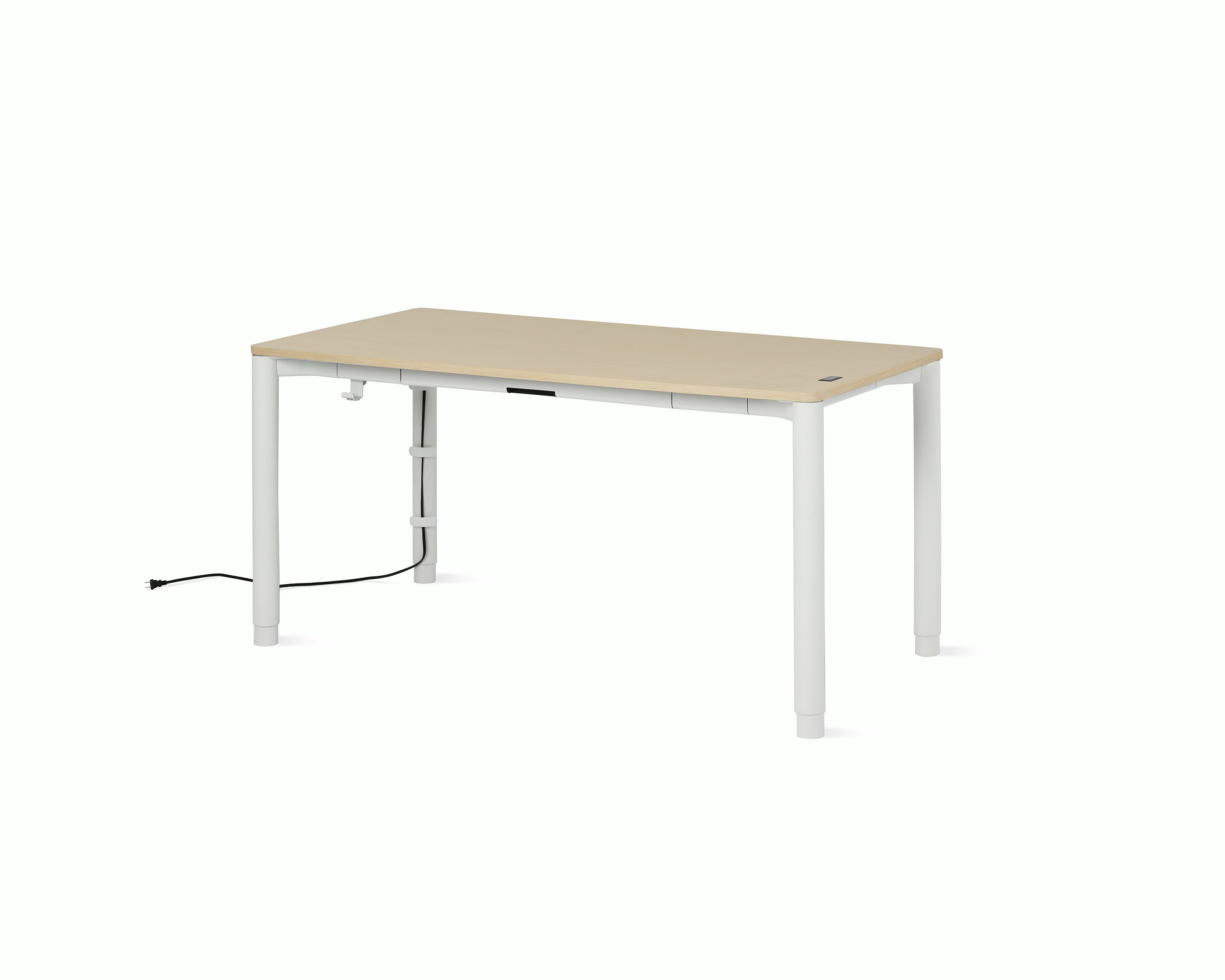 Four leg height-adjustable table shown with a light woodgrain surface and white legs.