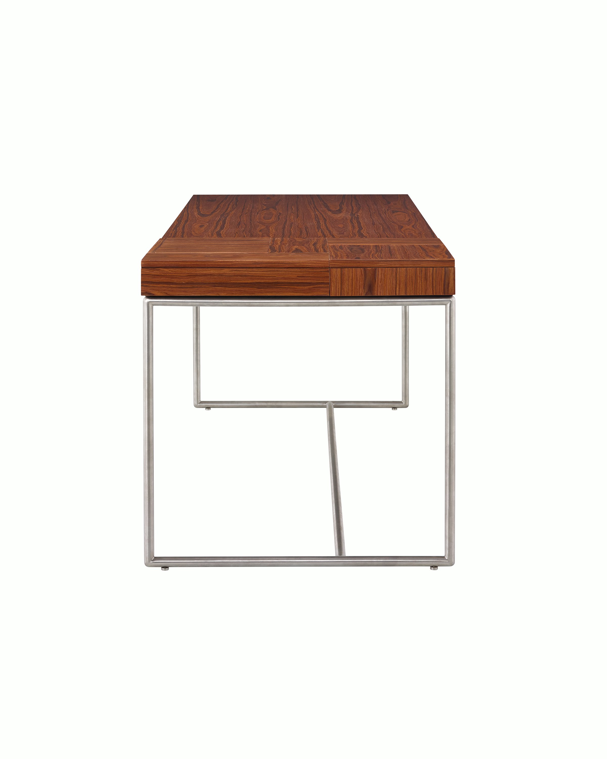 A Domino Desk with wood top and metal base.