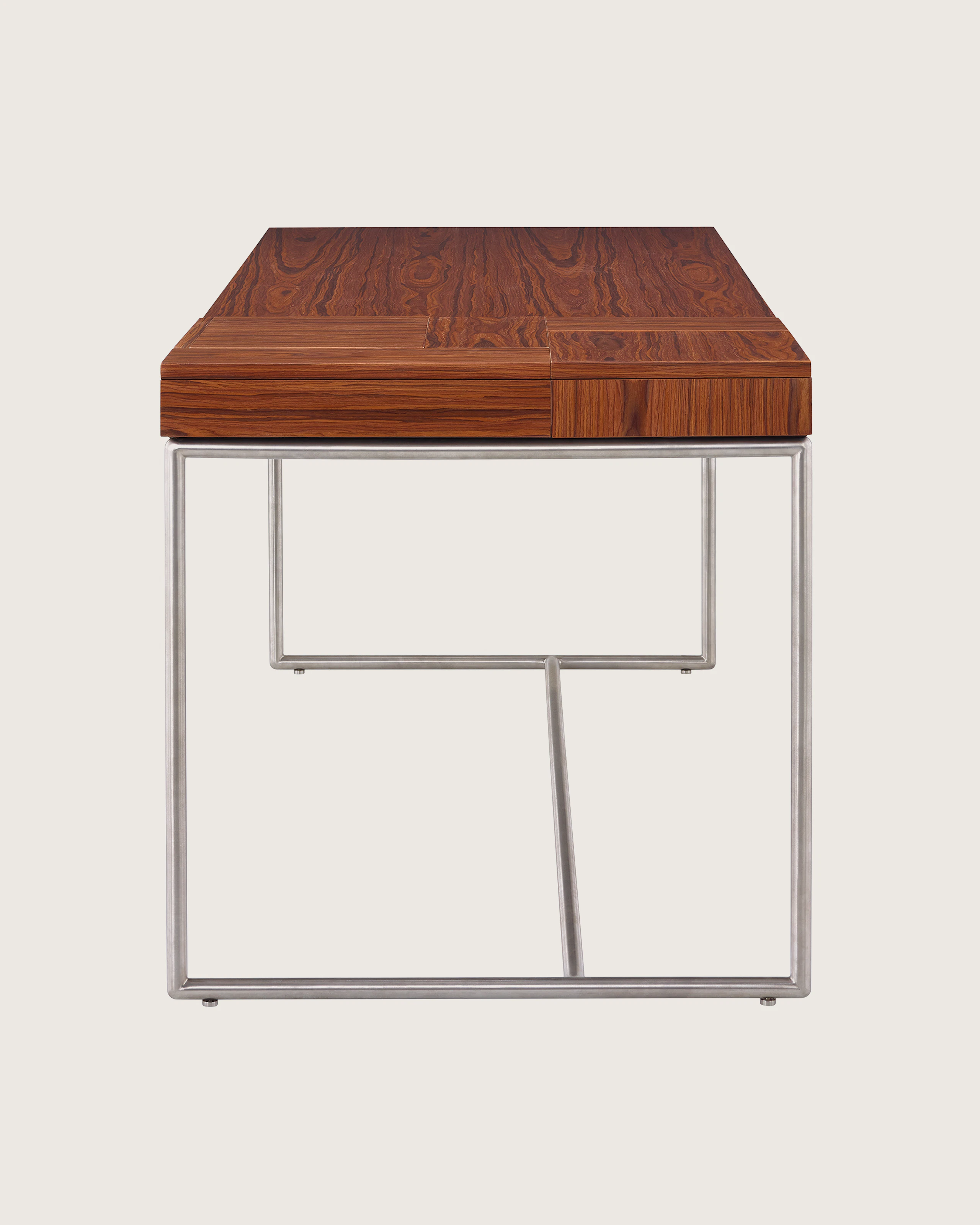 A Domino Desk with wood top and metal base.