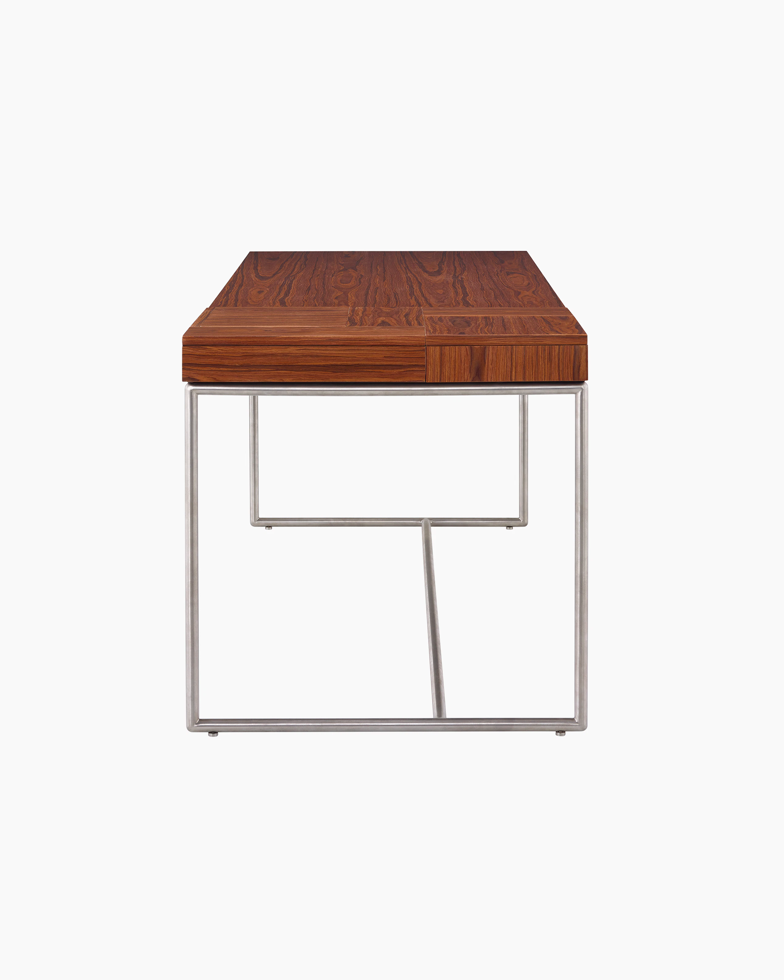 A Domino Desk with wood top and metal base.