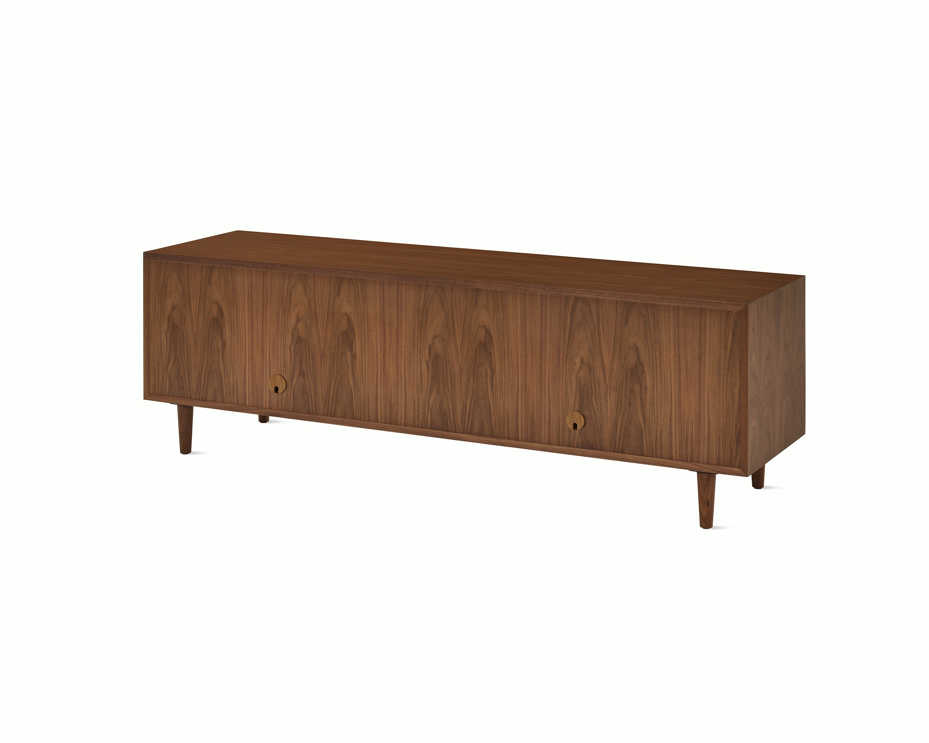 Nelson Basic Cabinet Series Media Unit in walnut, taper legs, and wavy pulls.