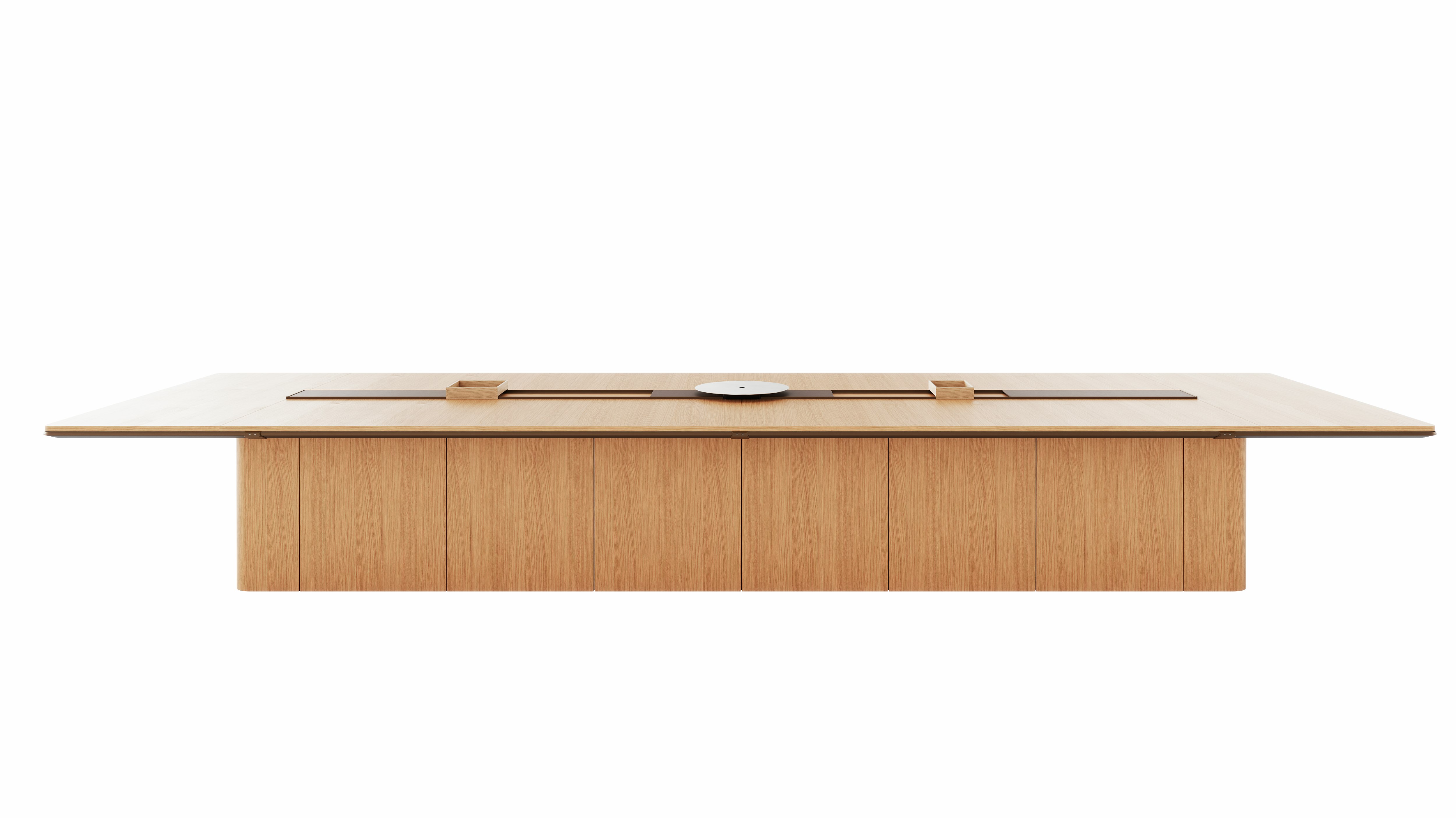 60"×204" Ascent Conference Table designed by EOOS in Natural Rift Cut Oak with a plinth base, central power trough, an AV platform, and accessory trays, viewed from the front.