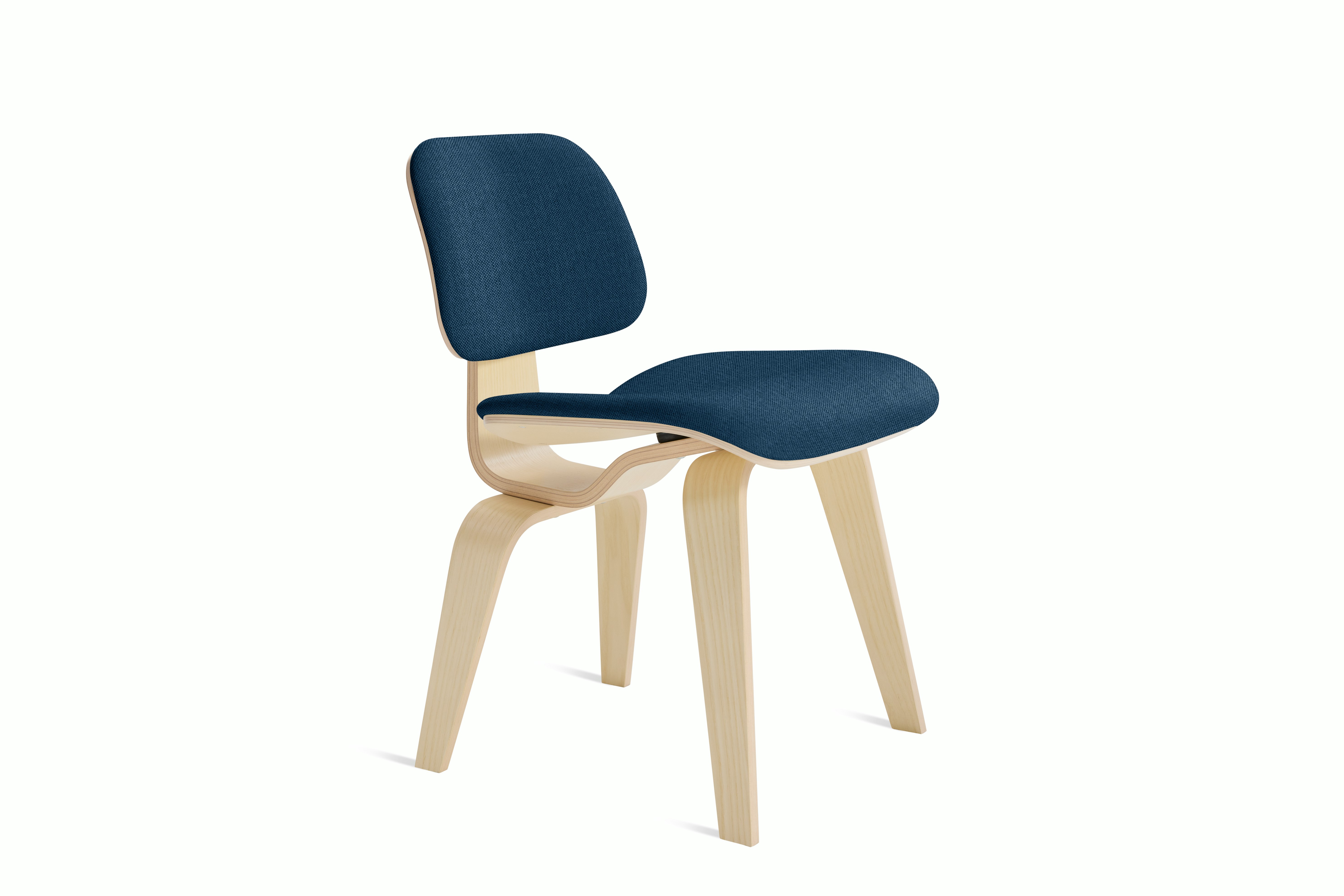 Eames Molded Plywood Dining Chair Wood Base (DCW) - Upholstered,   White Ash Frame Mode - Denim