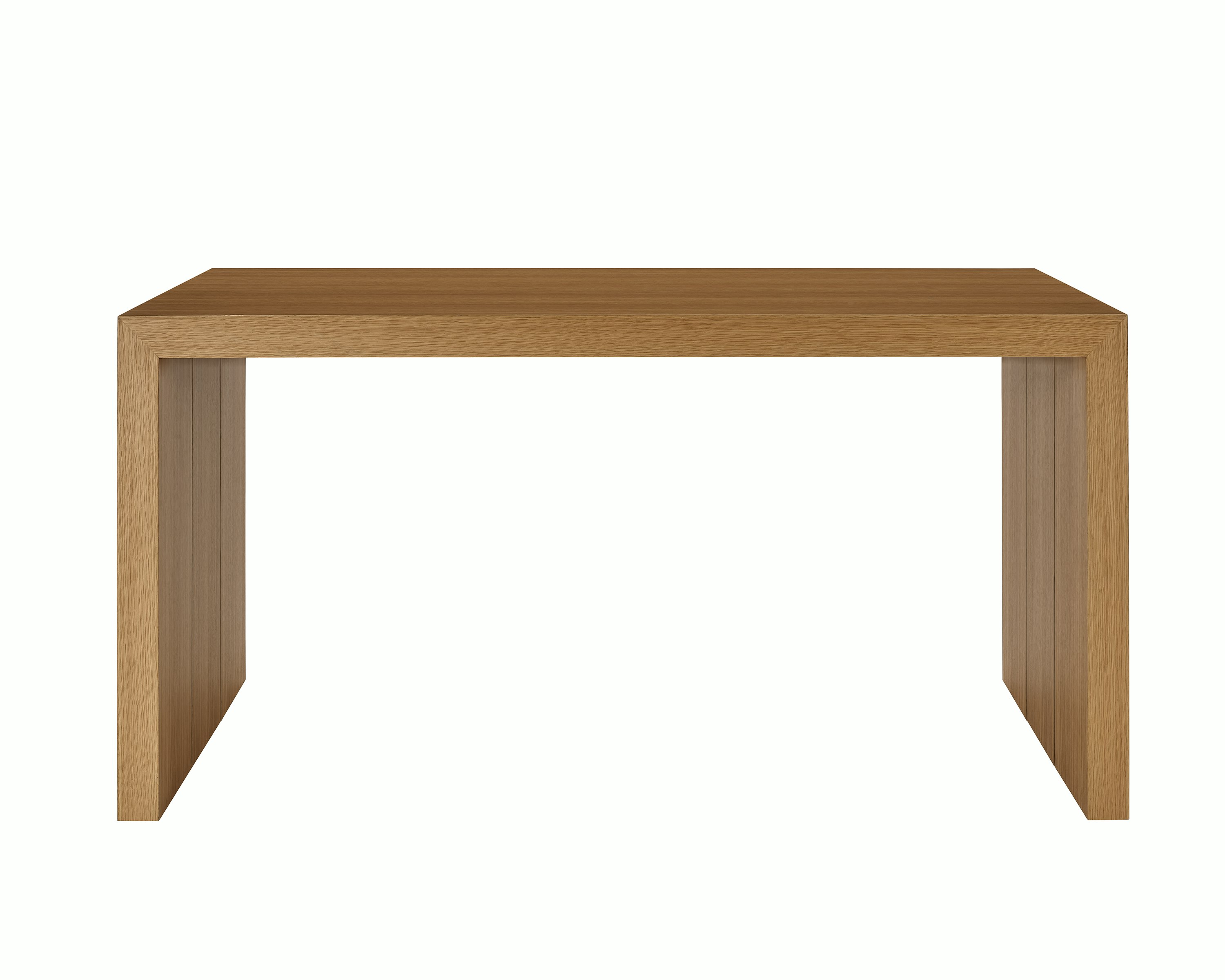 Counter Height JD Waterfall Table in Natural Rift Cut Oak, shown front-facing on a white sweep.