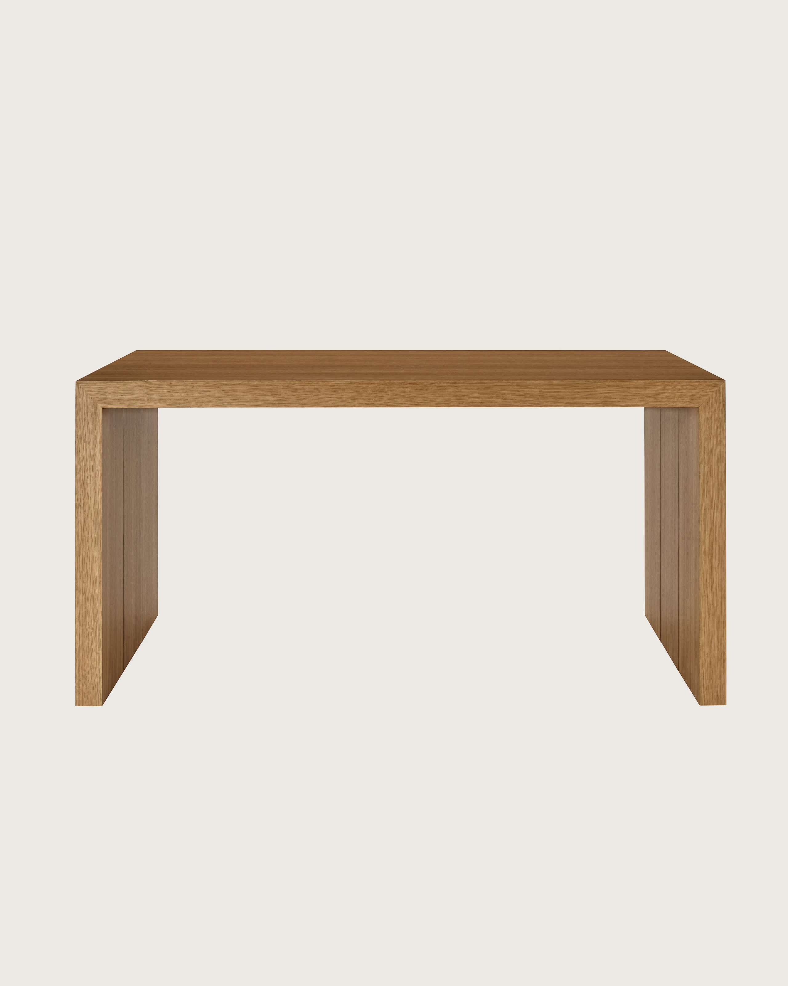 Counter Height JD Waterfall Table in Natural Rift Cut Oak, shown front-facing on a white sweep.