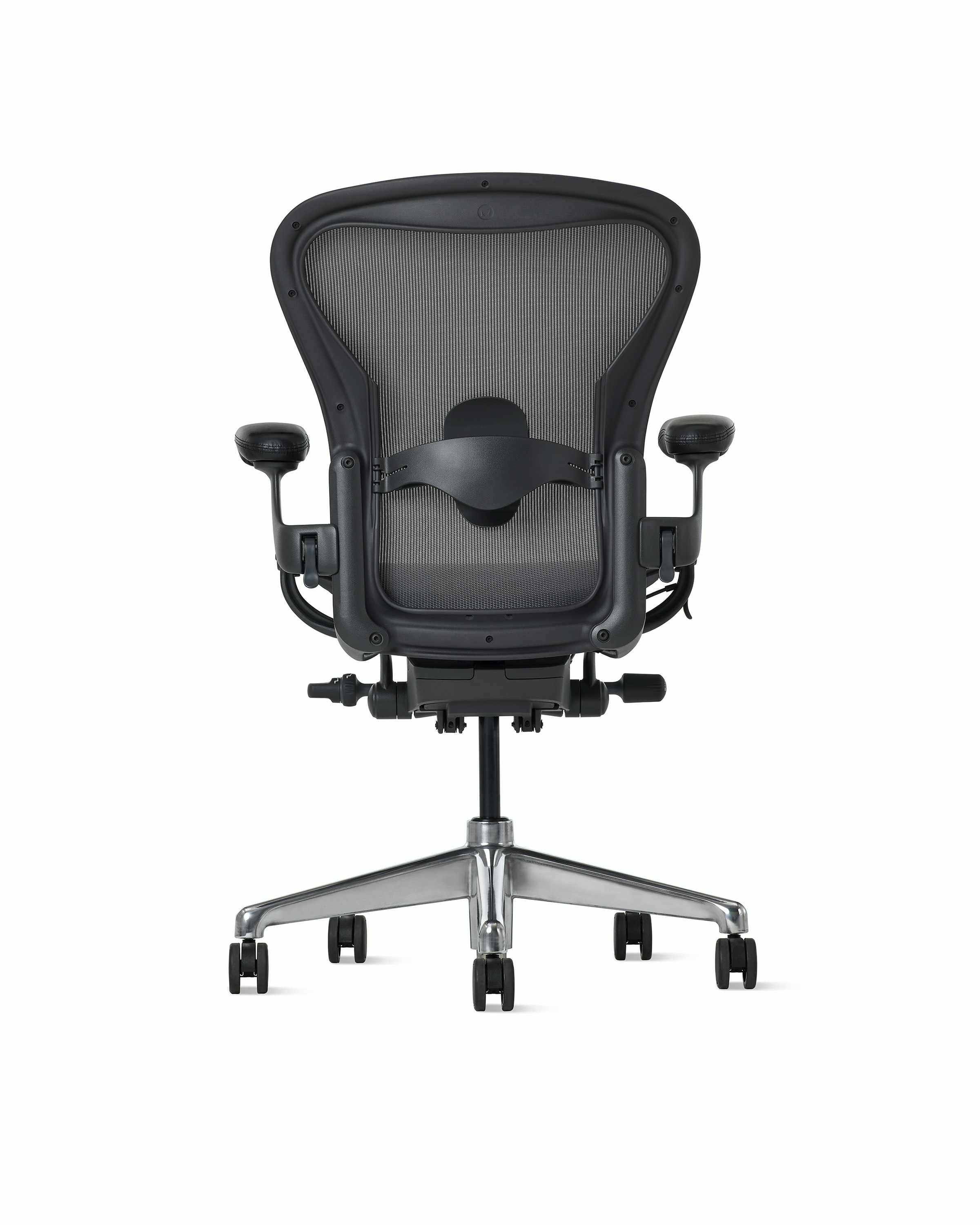 Rear view of an Aeron ESD chair in size B, granite frame and suspension and polished base.