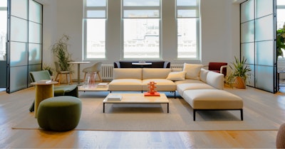 An arranged living room space at the NaughtOne display in the MillerKnoll New York showroom.