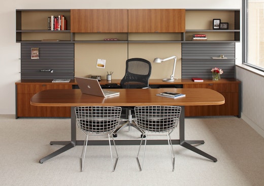 Dividends Skyline private office with Generation by Knoll and Bertoia side chairs