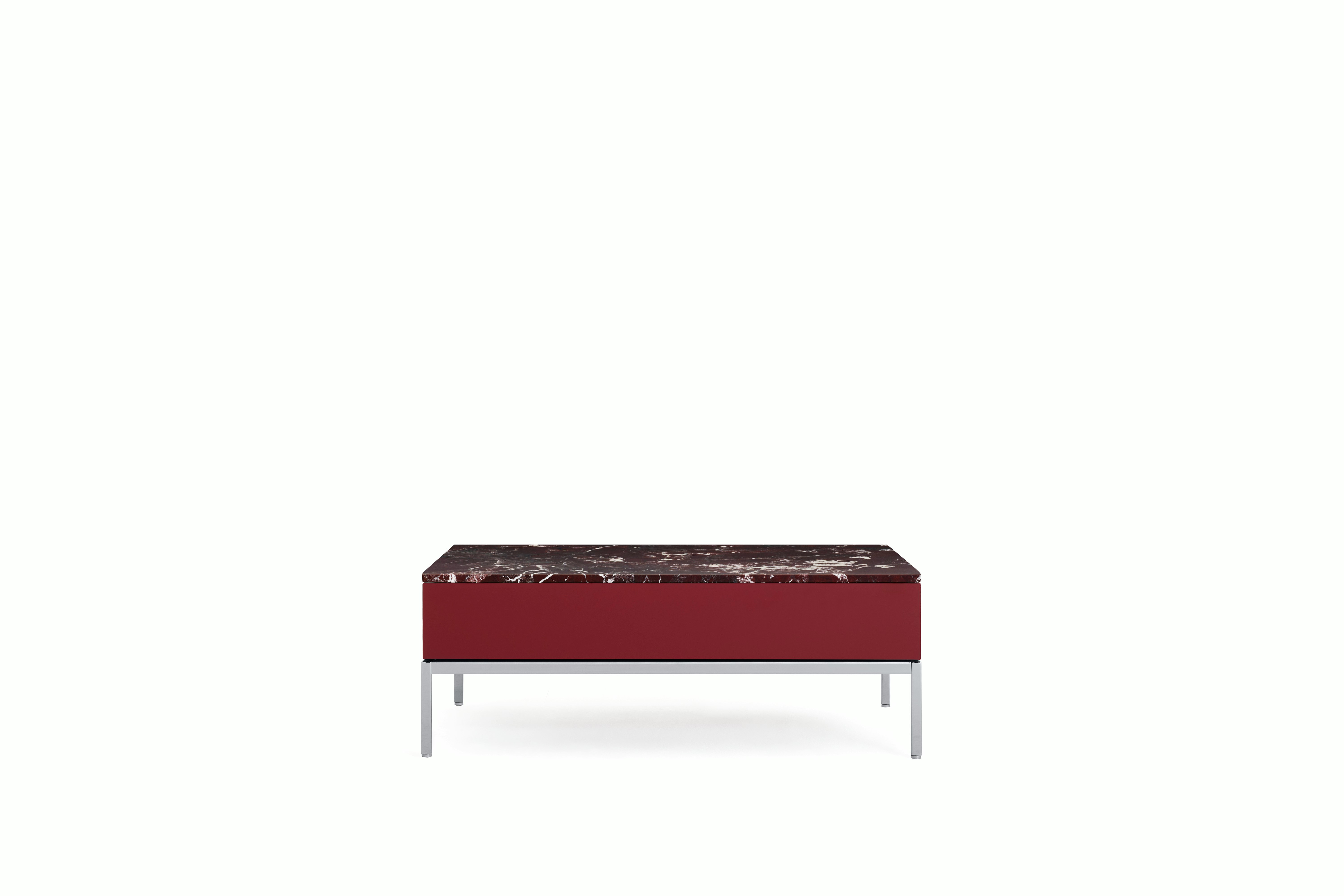 A Knoll Chermayeff Coffee Table in Dark Red Lacquer, Rosso Rubino Satin Coated Marble viewed from the front.