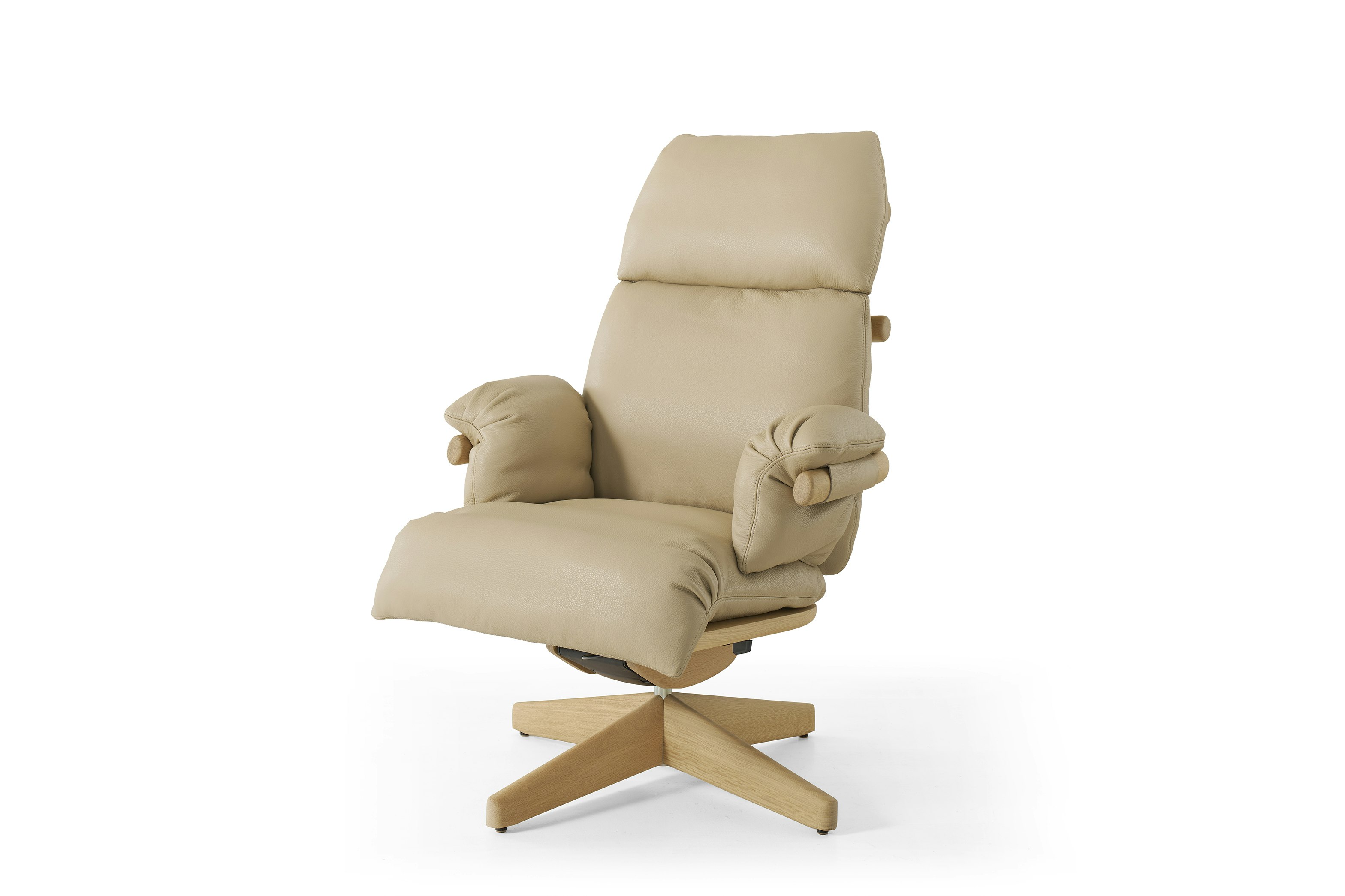 Ramus Lounge Chair - Comfort Leather,  Grey Beige,  Oak,  Satin Nickel