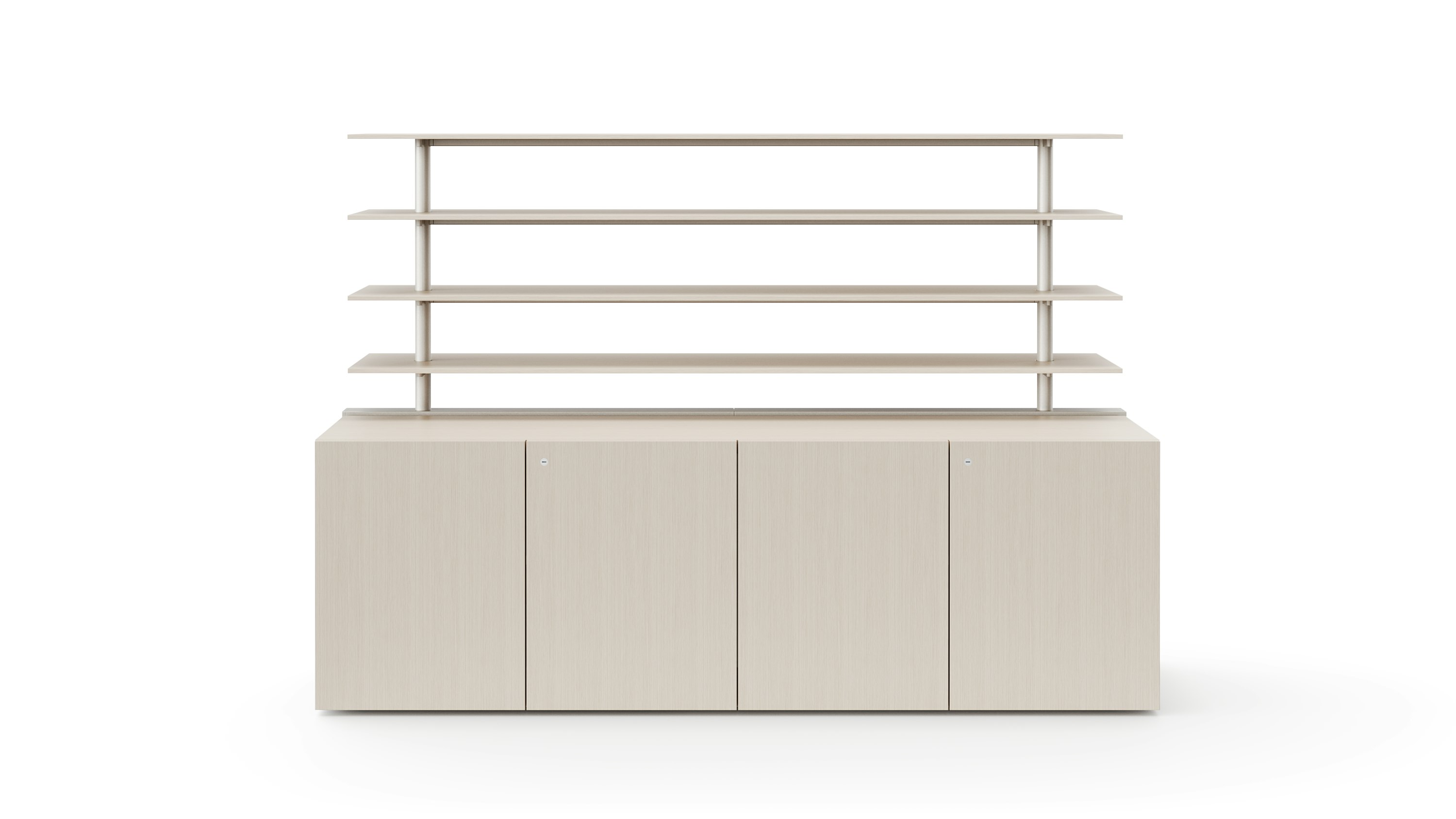 A credenza with closed doors is covered in a light veneer and has open shelving attached to the top of the credenza.