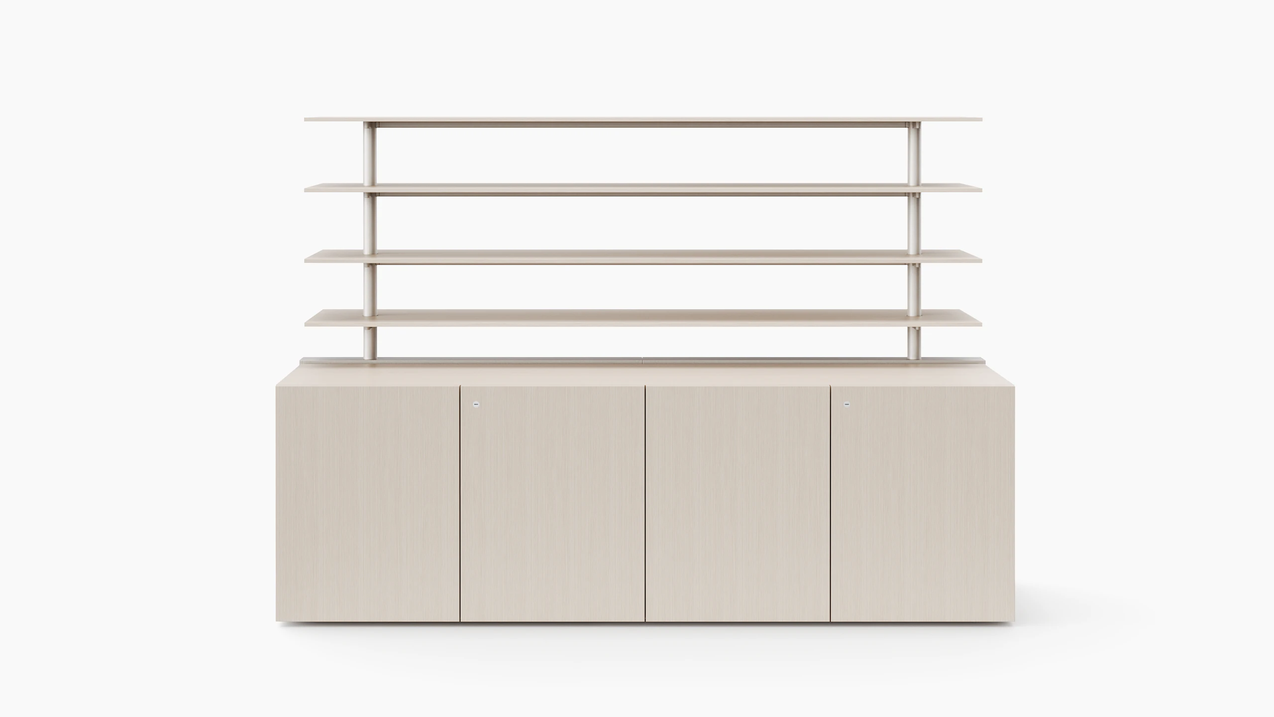 A credenza with closed doors is covered in a light veneer and has open shelving attached to the top of the credenza.