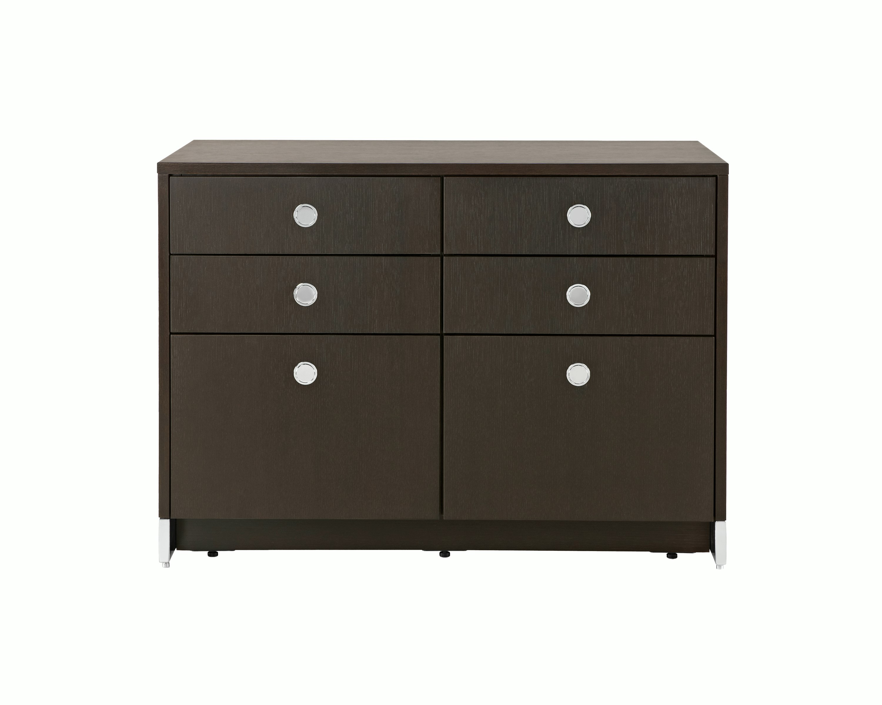 Front view of a Sled Base Storage unit with a dark wood finish, four box drawers, and two file drawers.