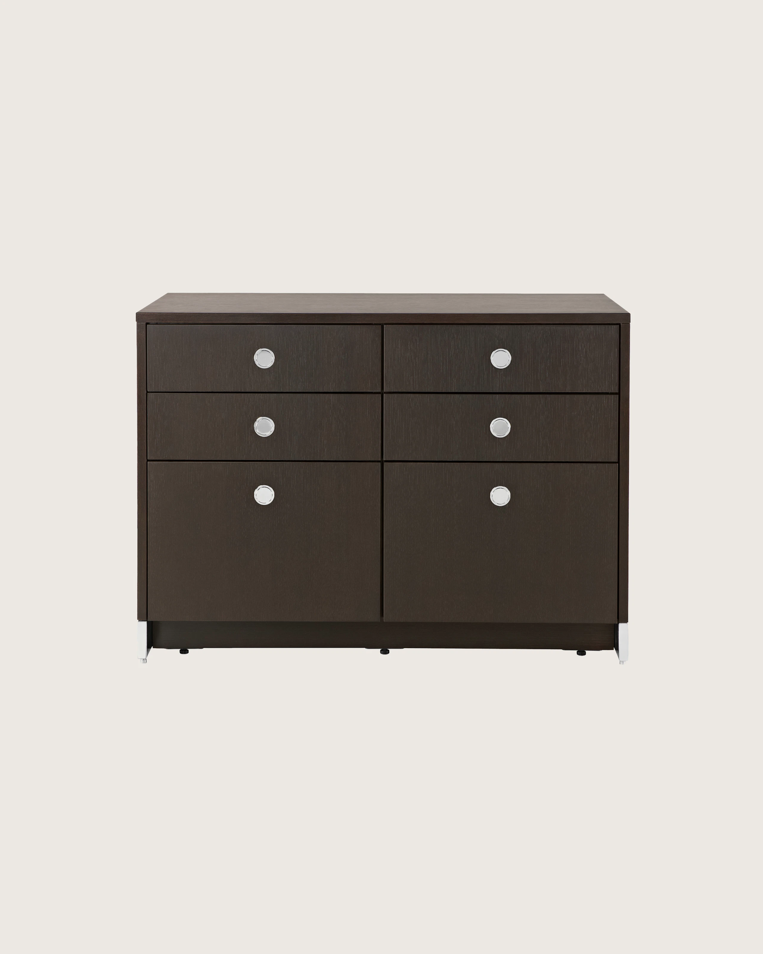 Front view of a Sled Base Storage unit with a dark wood finish, four box drawers, and two file drawers.