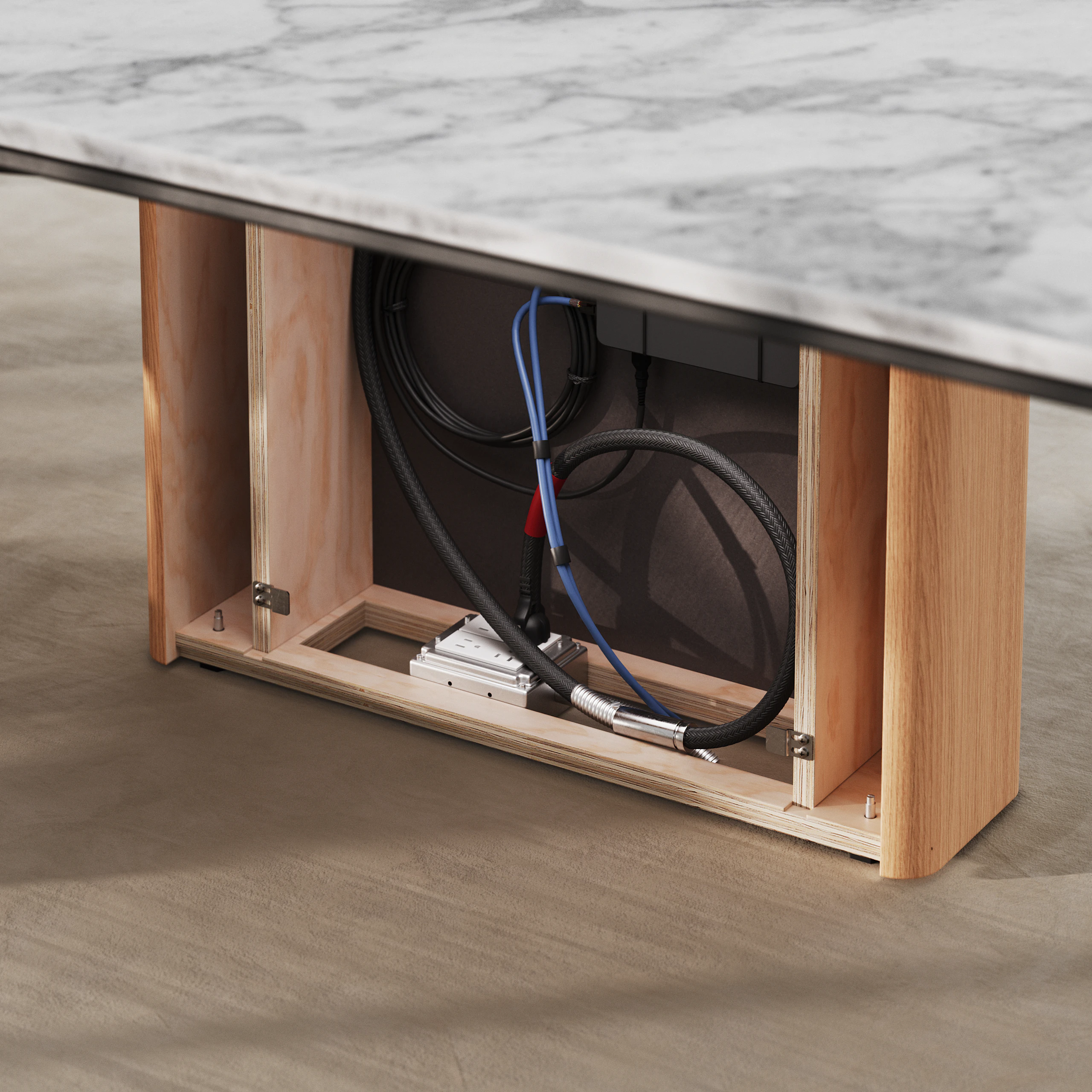 Detail shot of the Ascent Conference Table designed by EOOS showing open wire management base.