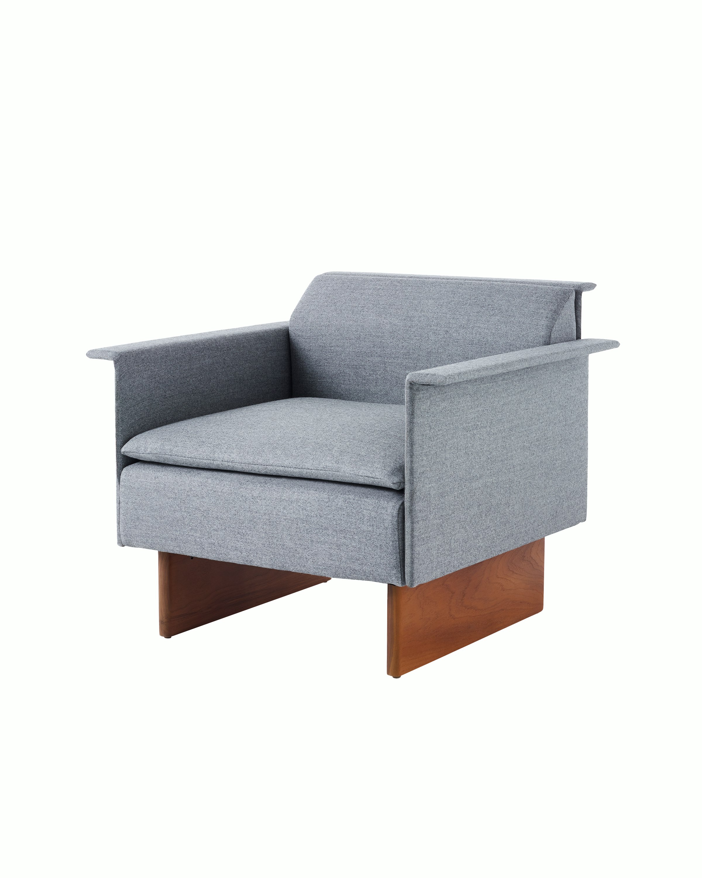 Mantle Club Chair in Panno di Dulce Flannel with a Walnut Base, viewed at an angle.