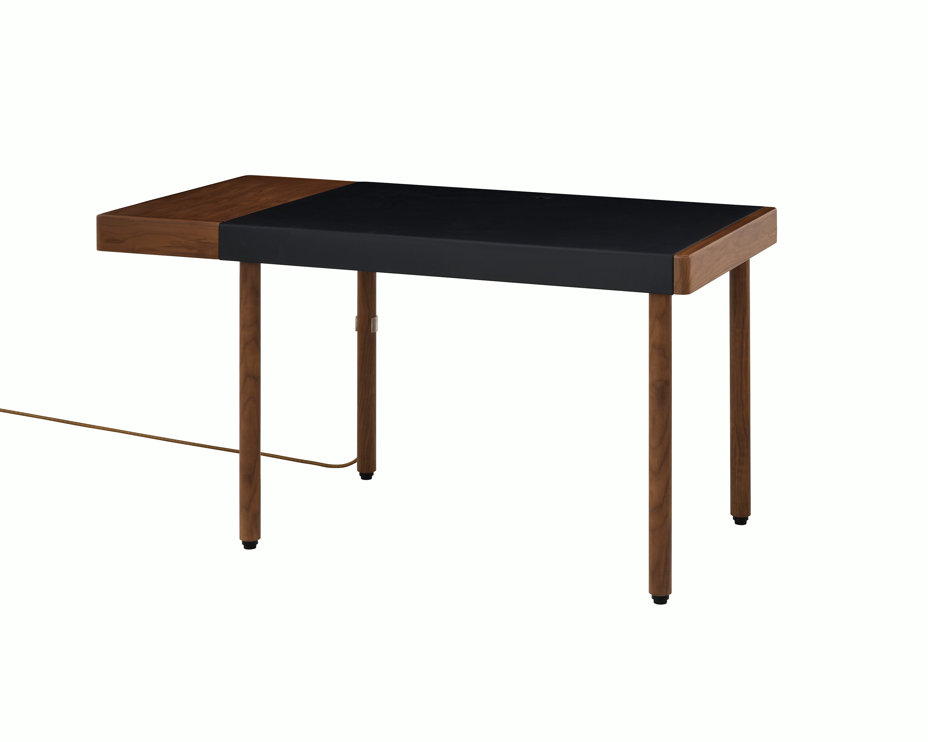 New Canaan Leatherwrap Sit-to-Stand Desk in Walnut and Black Leather, one drawer, with cord, angled view.
