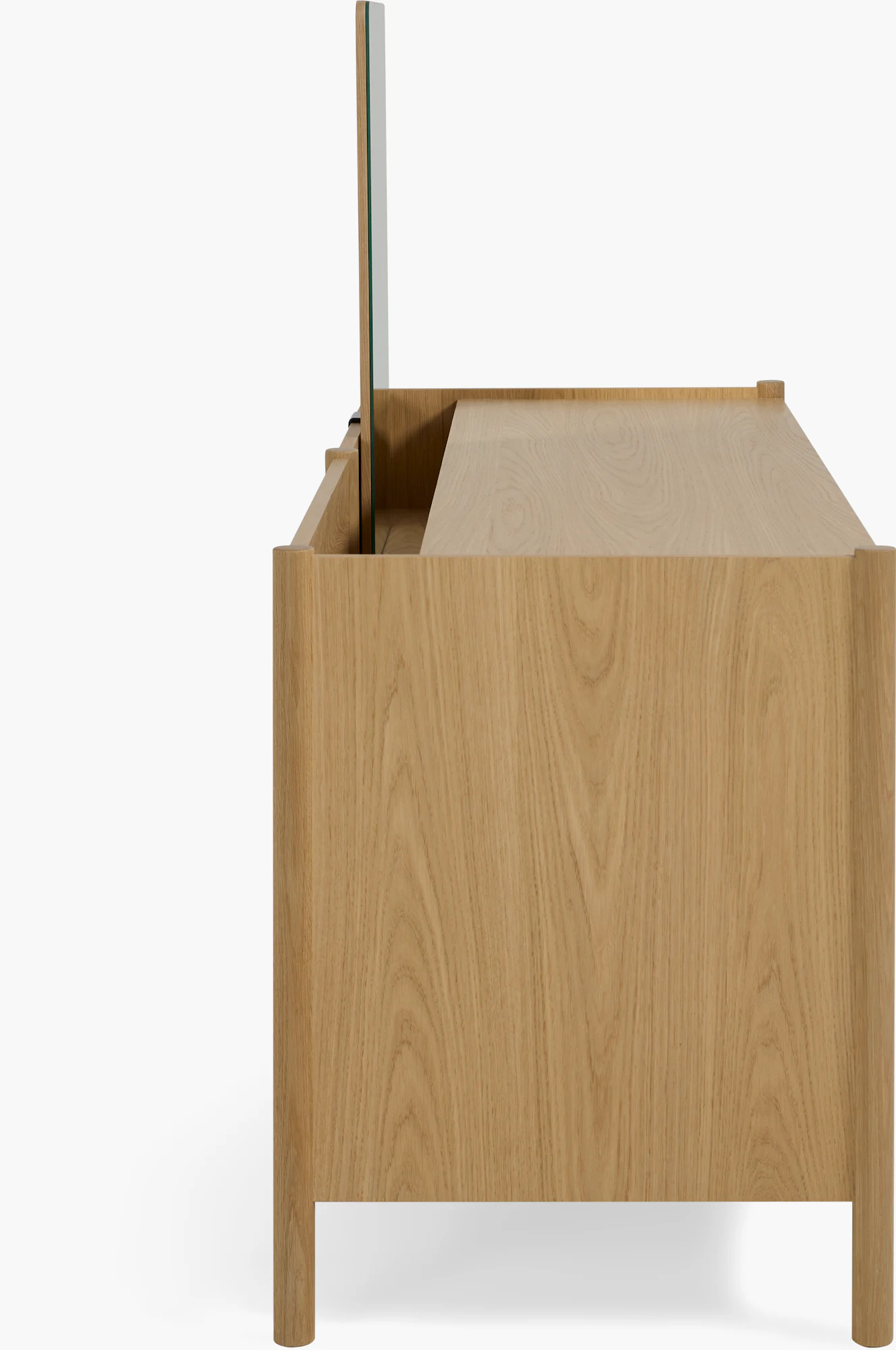 Side view of Pala dresser with mirror showing wood frame and mirror mount