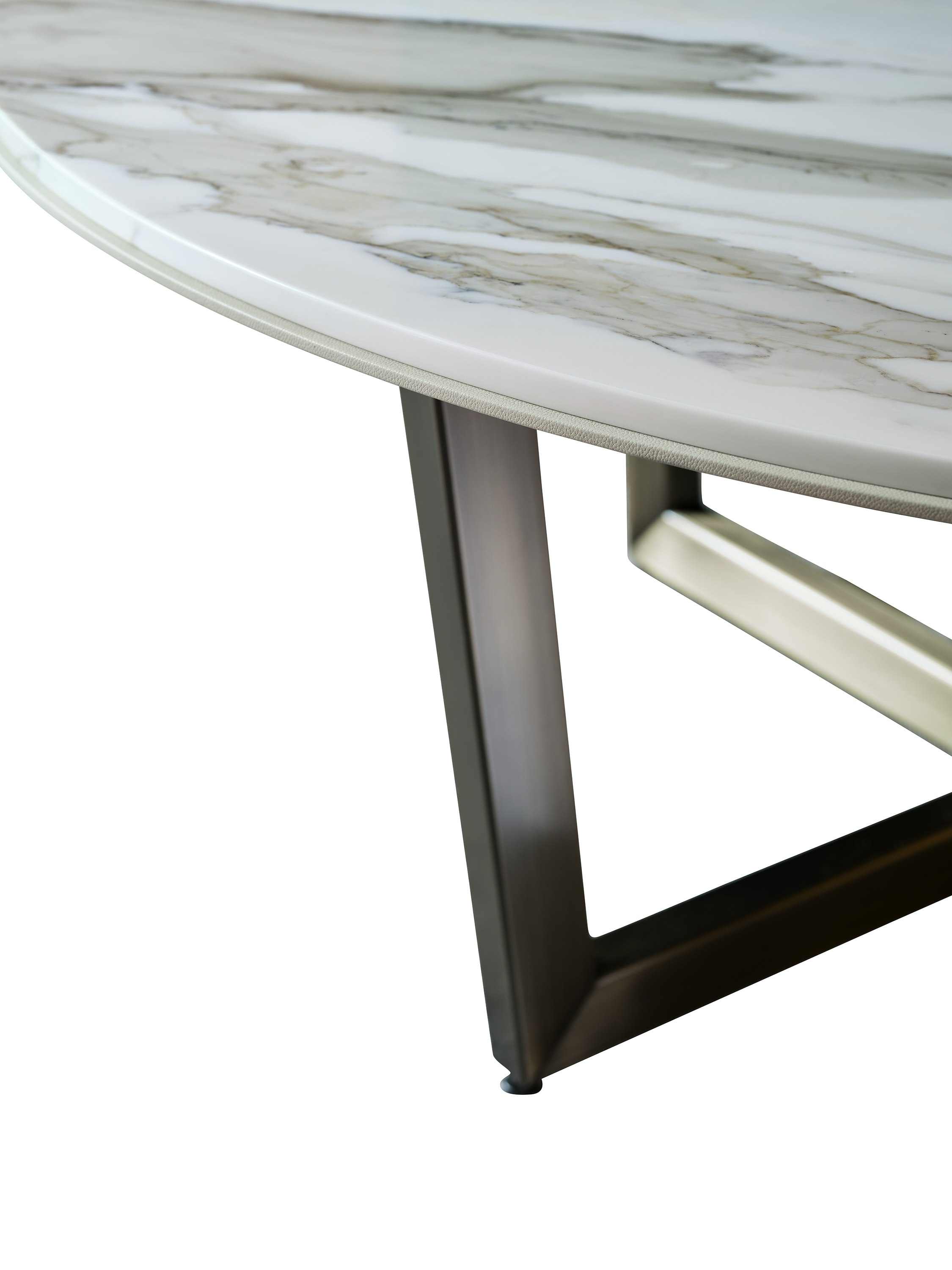 Highline Meeting Table with custom Calacatta Gold round top, Satin Nickel metal trim, detail view.