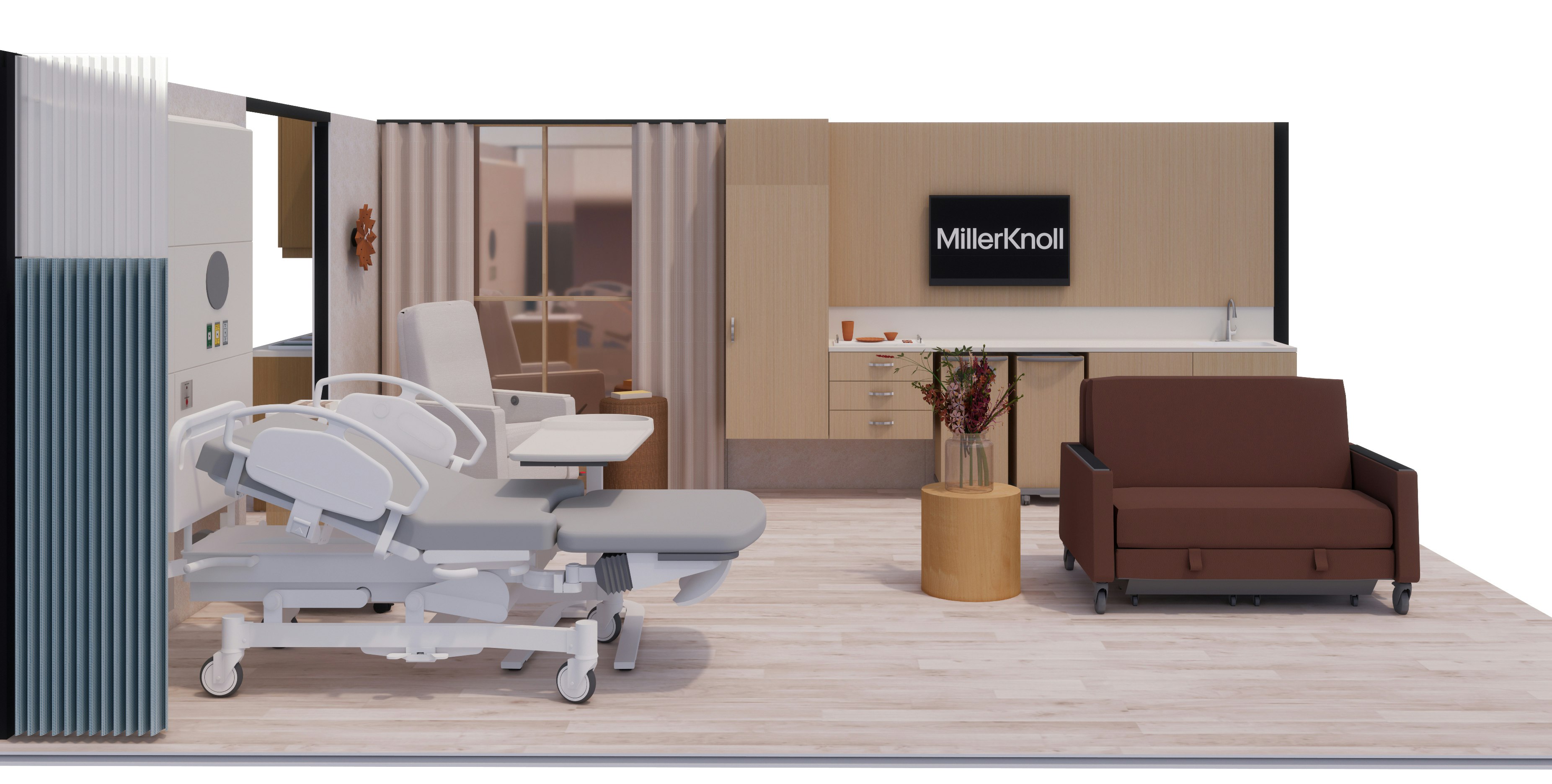 3D rendering of a patient room furnished with a red Gemma Sleep Settee, white Gemma Sleep Chair, and a patient bed.