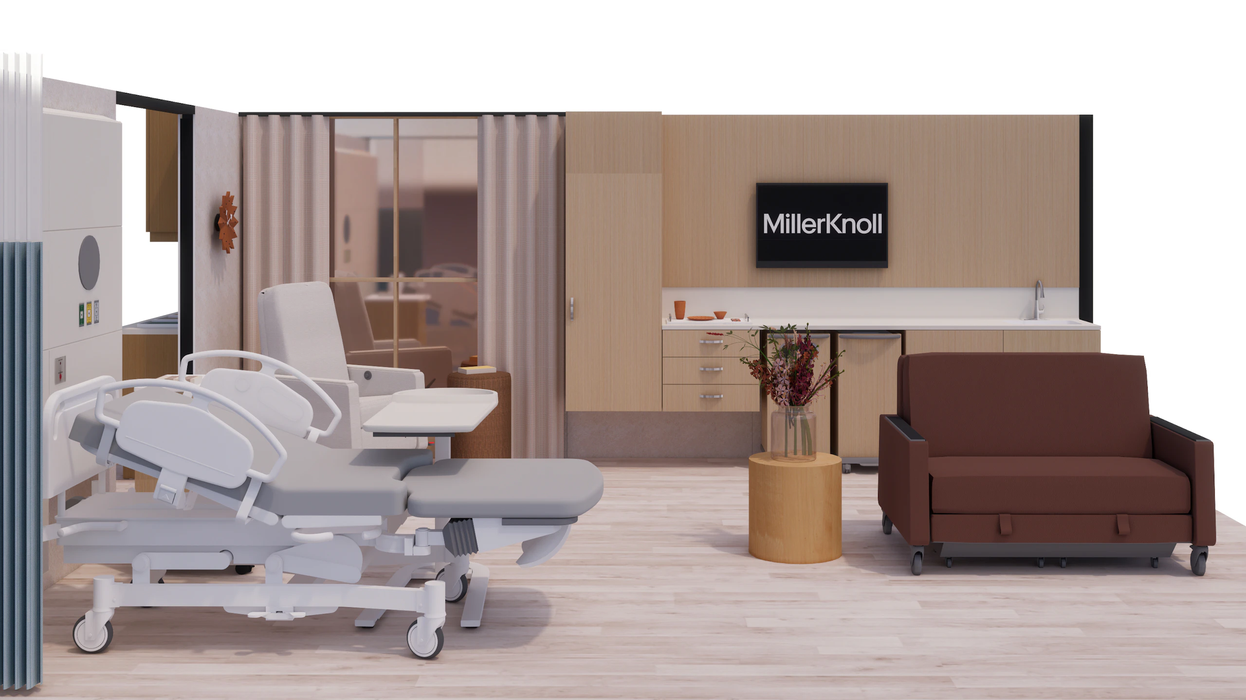 3D rendering of a patient room furnished with a red Gemma Sleep Settee, white Gemma Sleep Chair, and a patient bed.