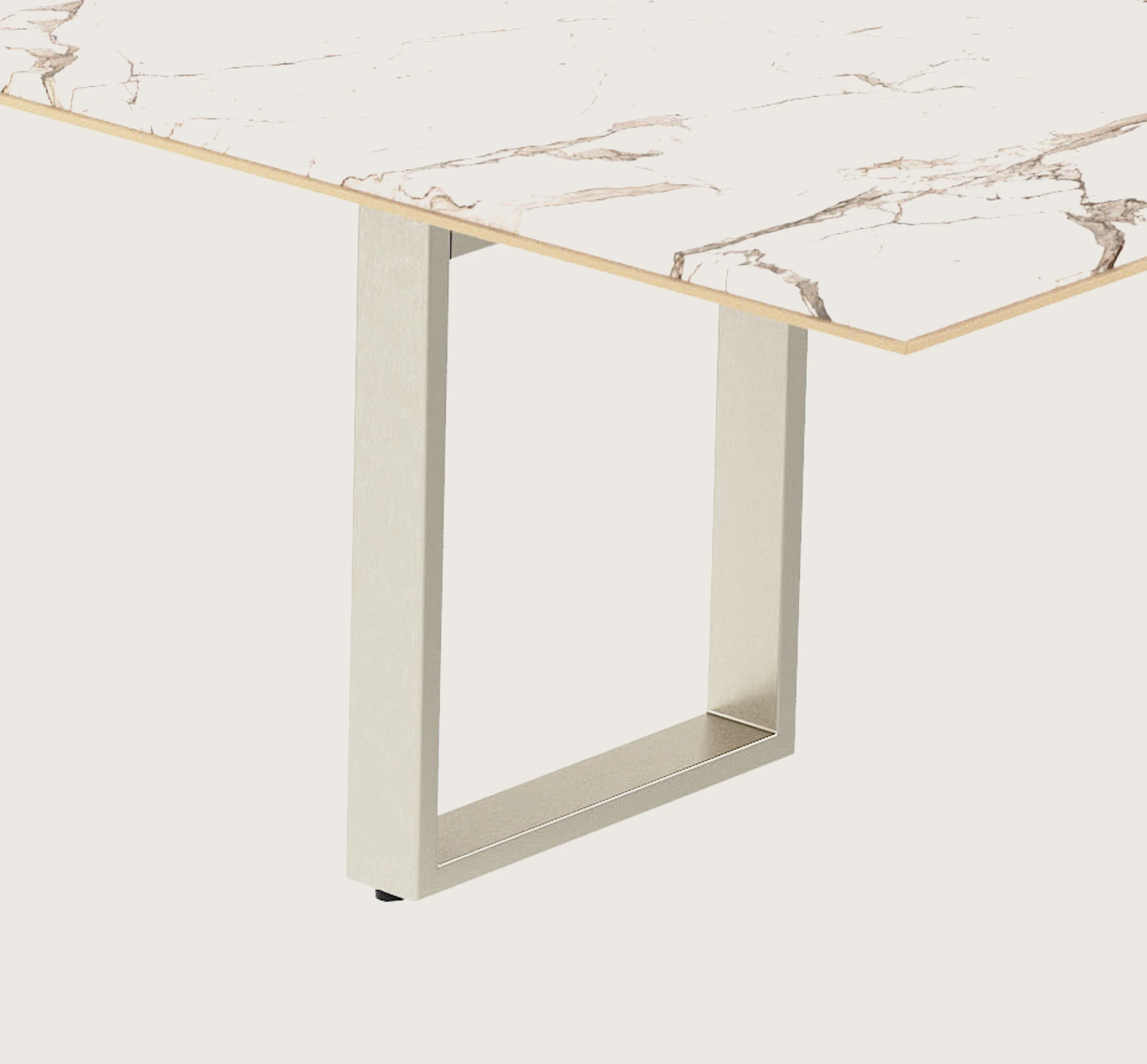 Highline Conference Table in Calacatta Gold Stone with leather edge detail and Satin Nickel base viewed from a 45 degree angle.