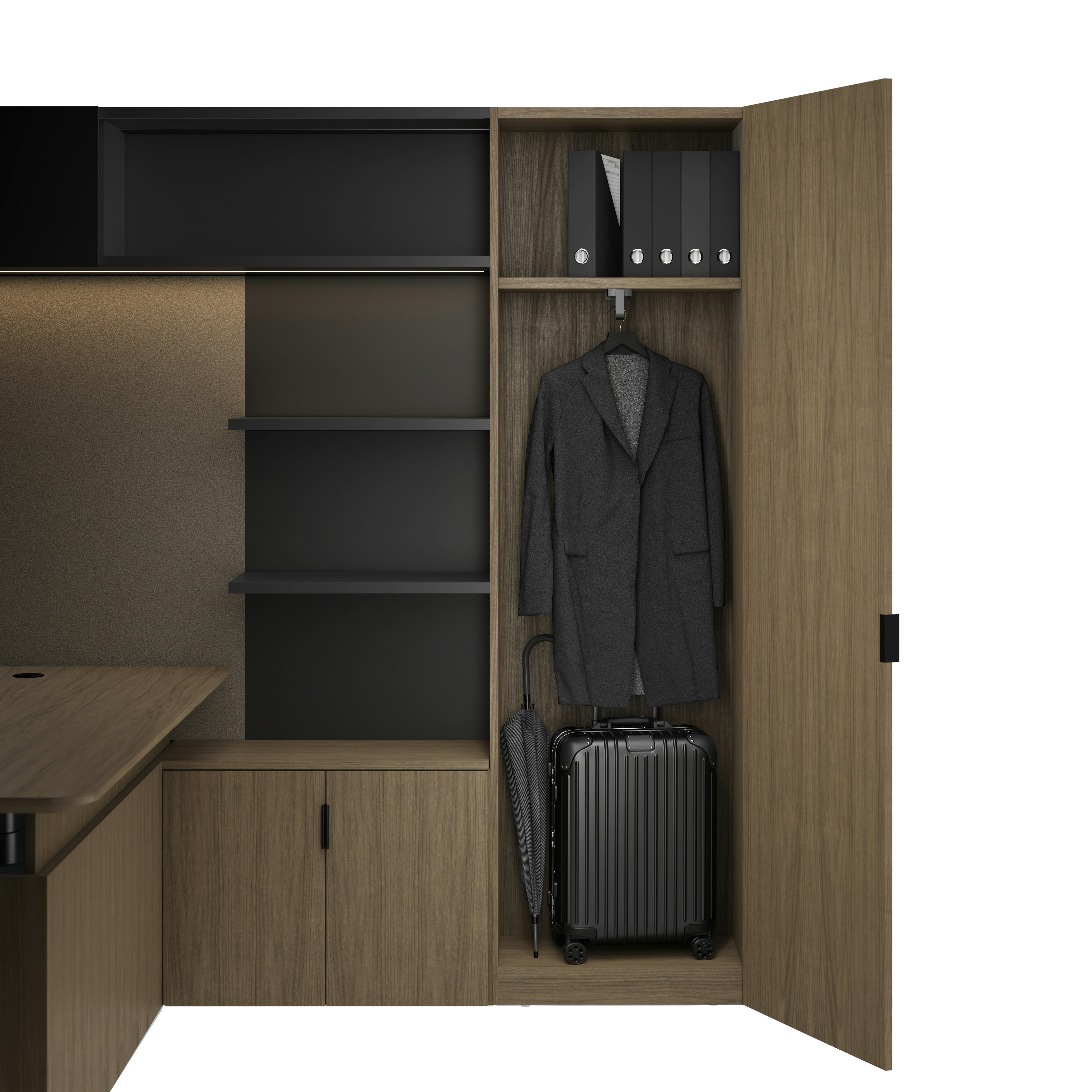 A Geiger One Private Office in Natural Flat Cut Walnut with an open wardrobe containing personal items, a height adjustable desk, and an overhead LED light.