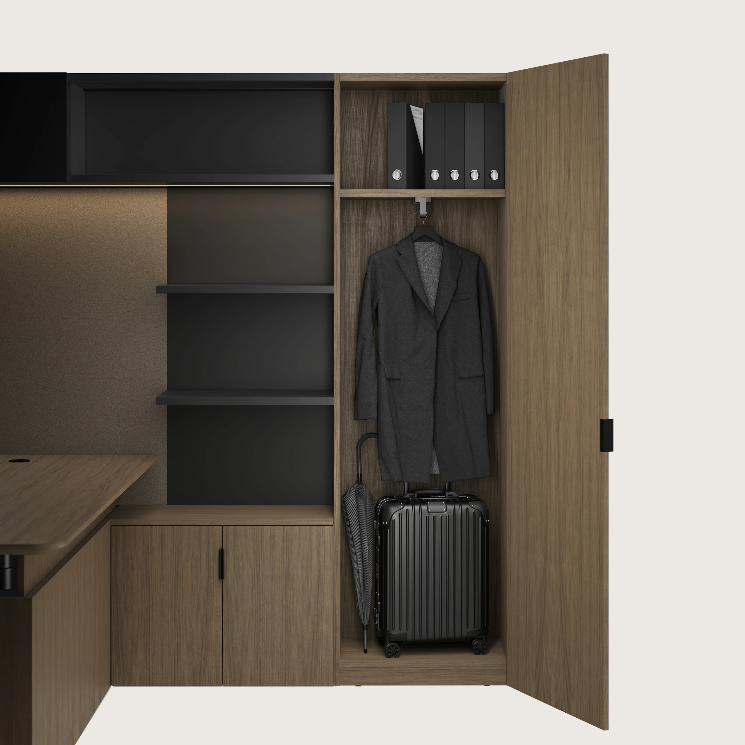 A Geiger One Private Office in Natural Flat Cut Walnut with an open wardrobe containing personal items, a height adjustable desk, and an overhead LED light.