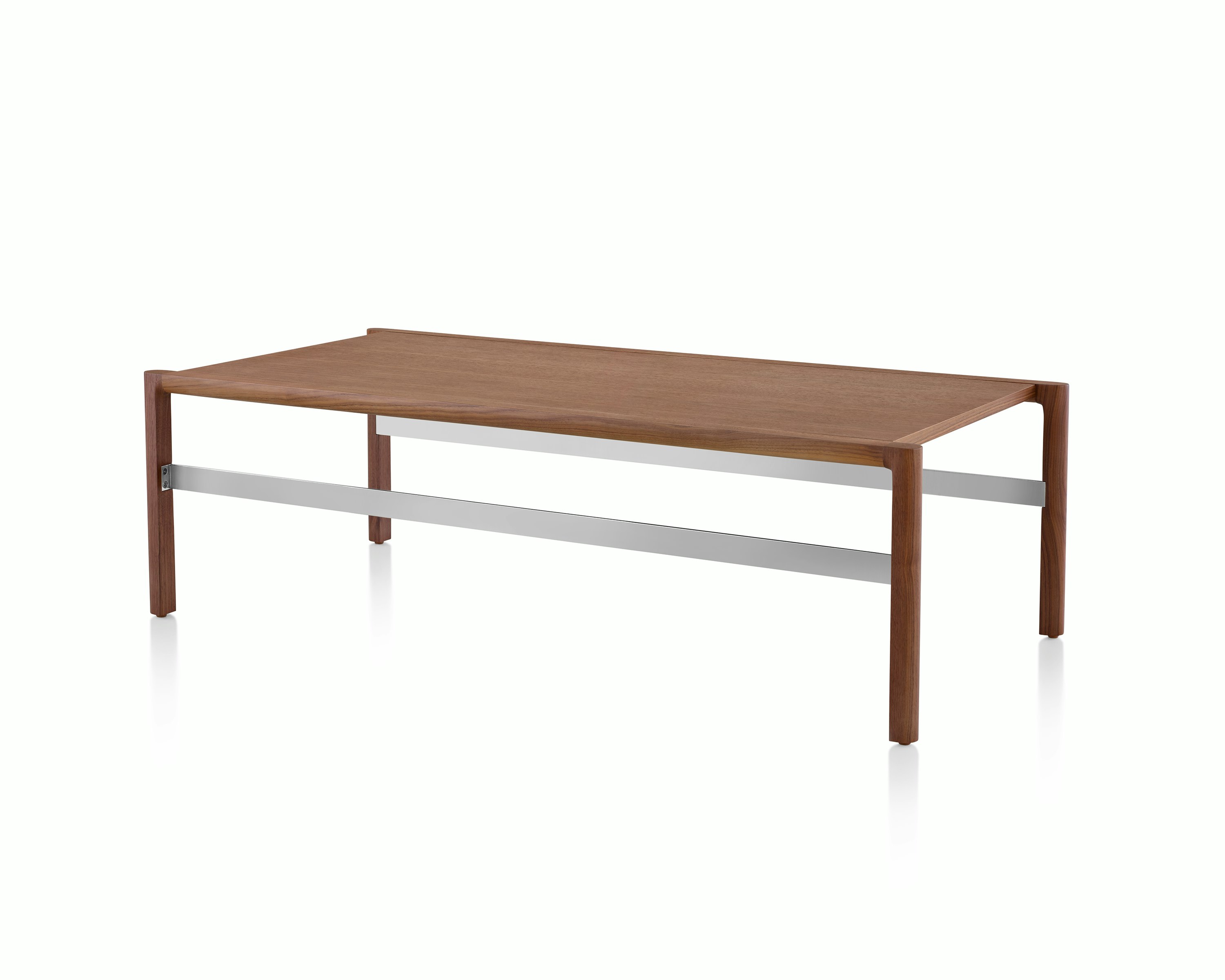 A rectangular Brabo Table with a wood top and metal frame supports, viewed at an angle.