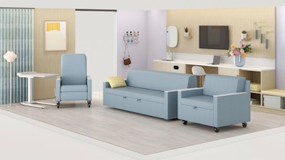 A rendering of a patient room furnished with a recliner, sleep sofa, and sleep chair from the Gemma Collection by Herman Miller.