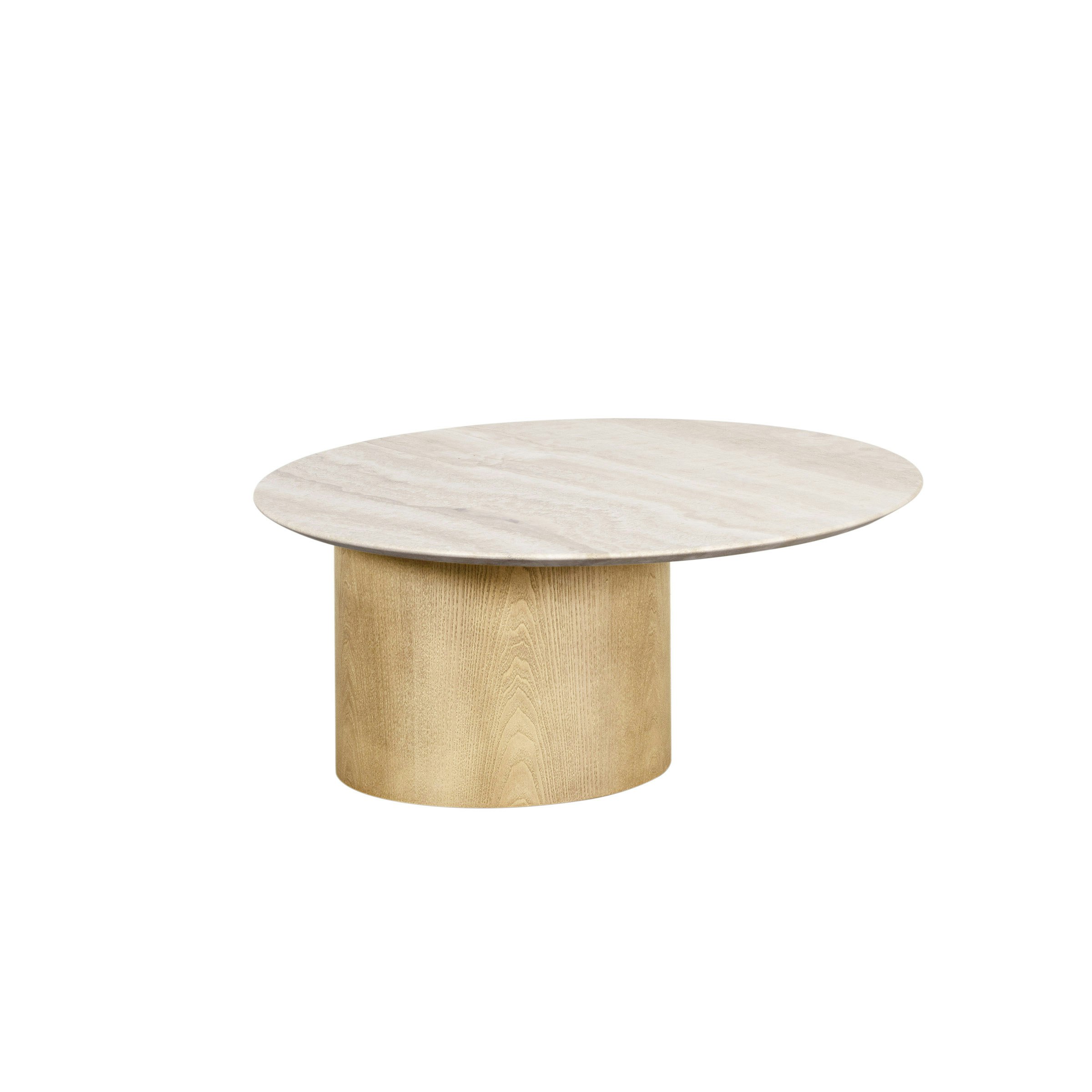 A Myon Coffee Table in Travertine viewed from the front.