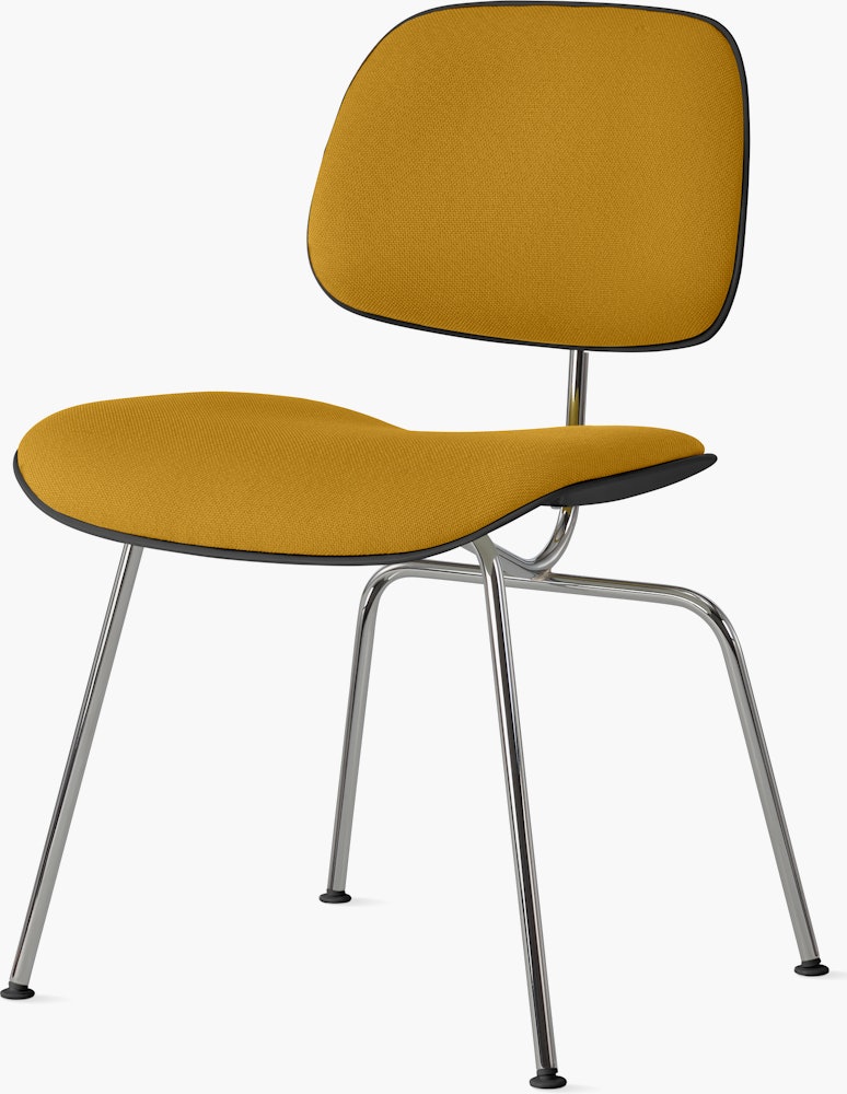 Eames Molded Plastic Dining Chair (EC-127) - Side Chair, Upholstered, Black, Hopsak, Ochre Dark, Trivalent Chrome