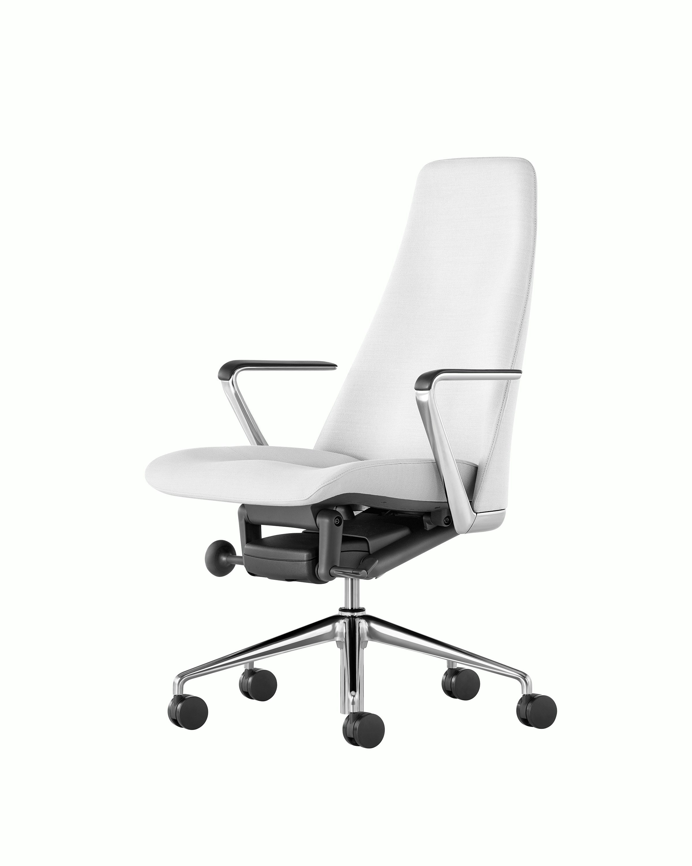 Angled view of a Taper office chair upholstered in off-white fabric.