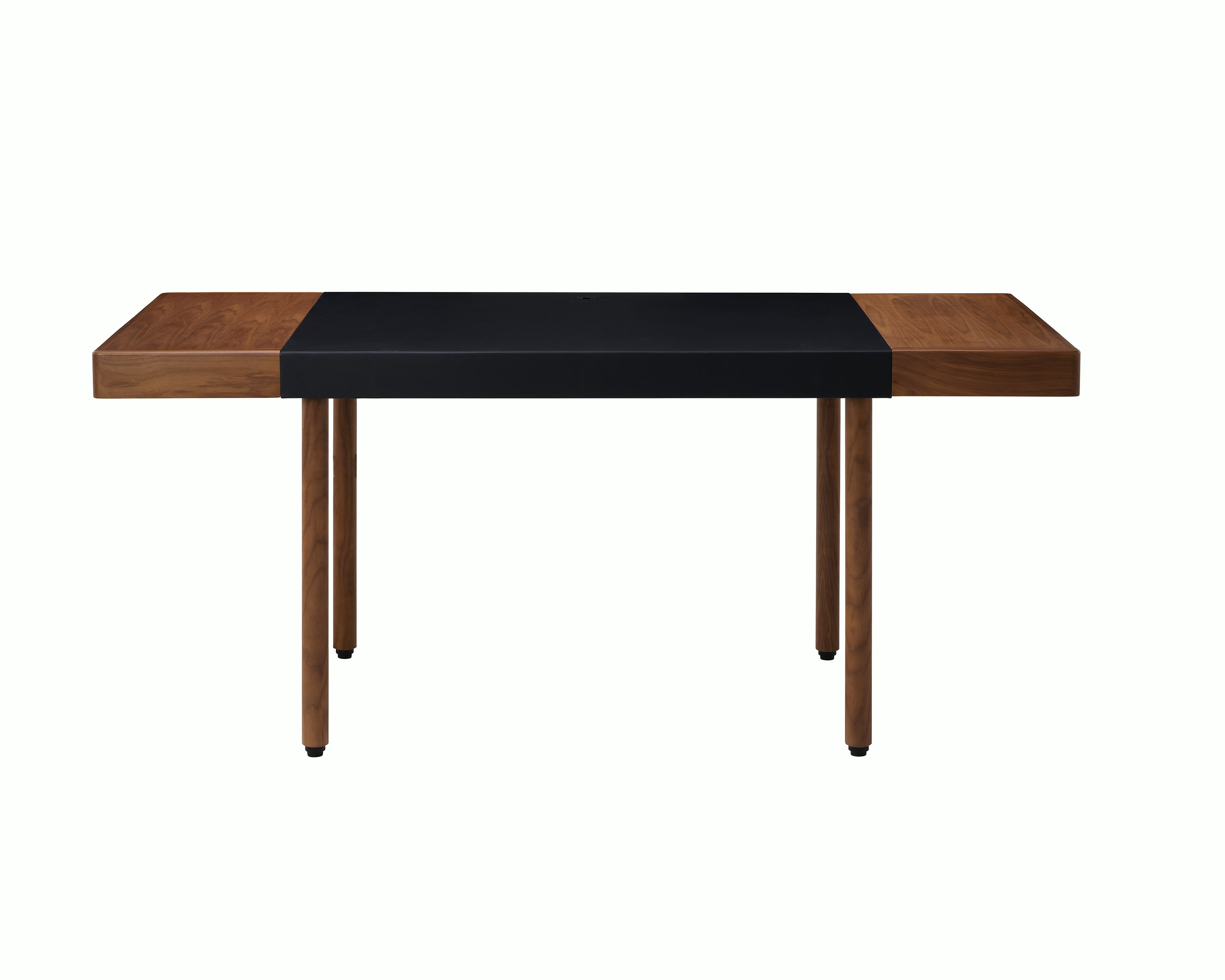 New Canaan Leatherwrap Sit-to-Stand Desk in Walnut and Black Leather, front view.